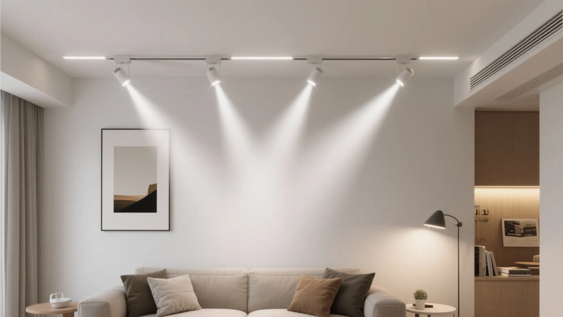 Track lighting rails for adaptable art and task zones