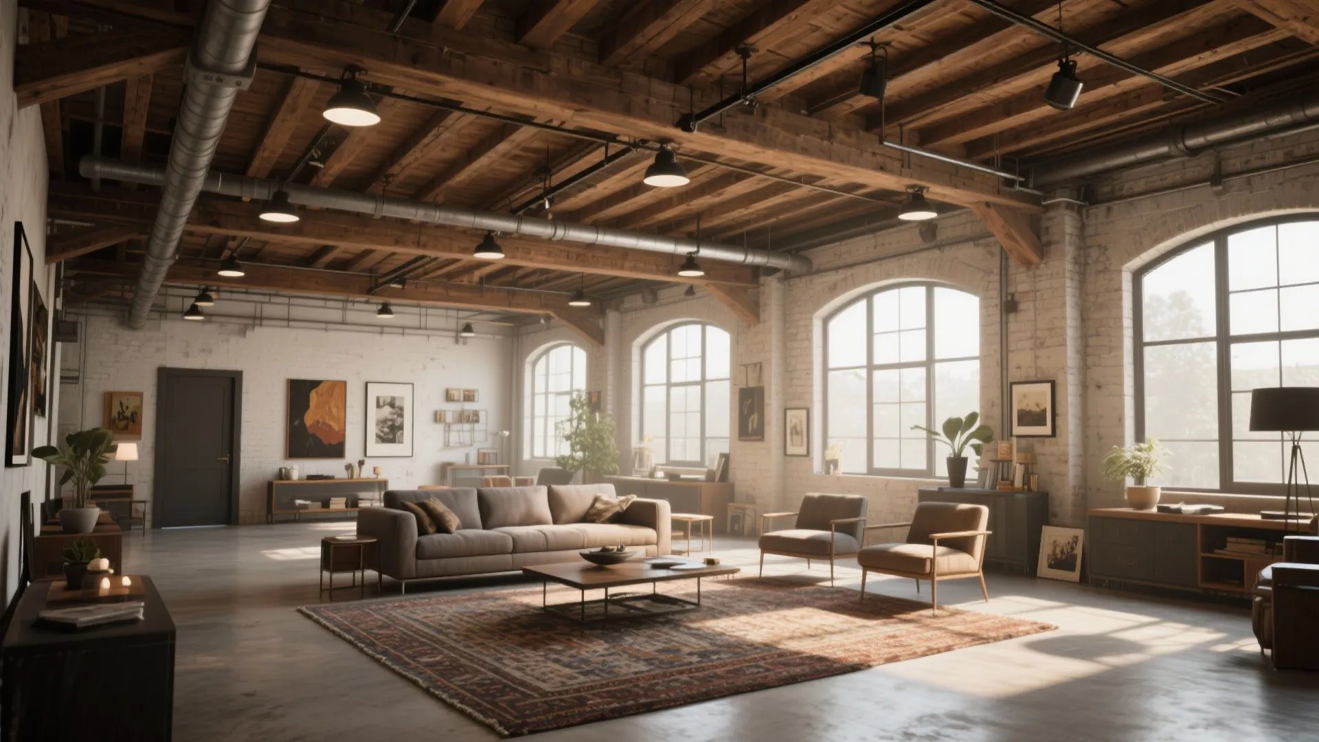Warehouse-style living room with track lighting on exposed beams