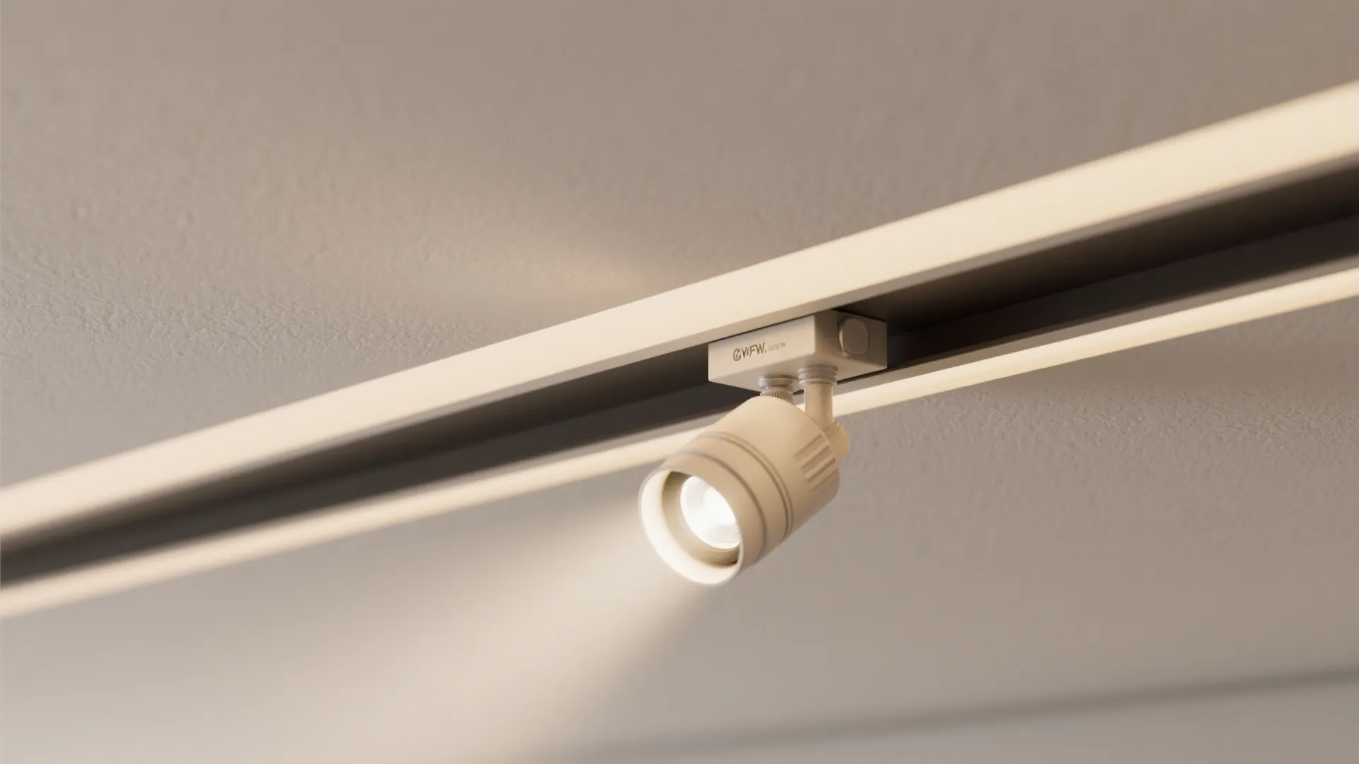 Macro view of recessed track head in a shallow trough with warm beam and clean baffle.