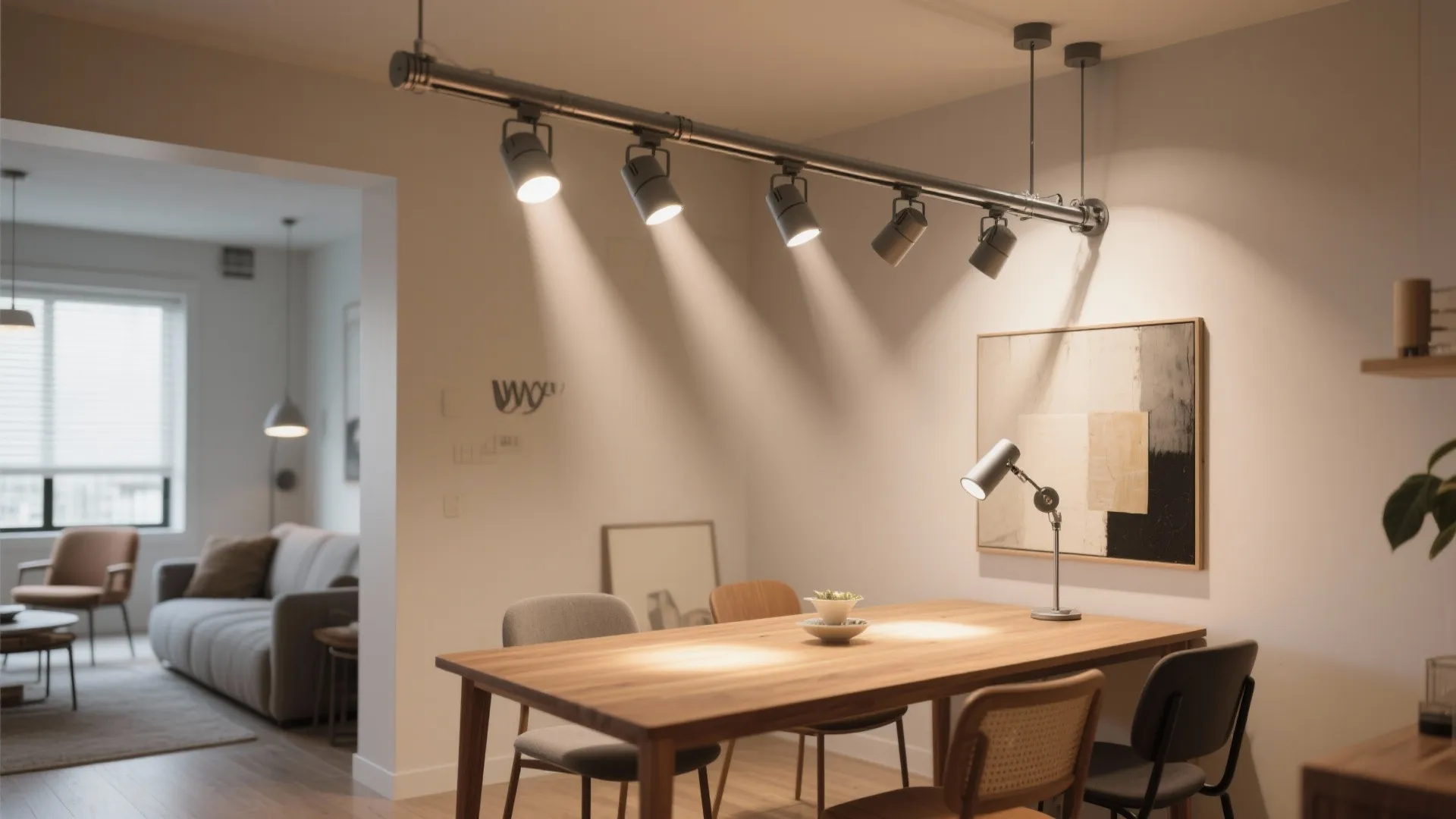 Modern dining room featuring wooden table with track ceiling lights and a small desk lamp