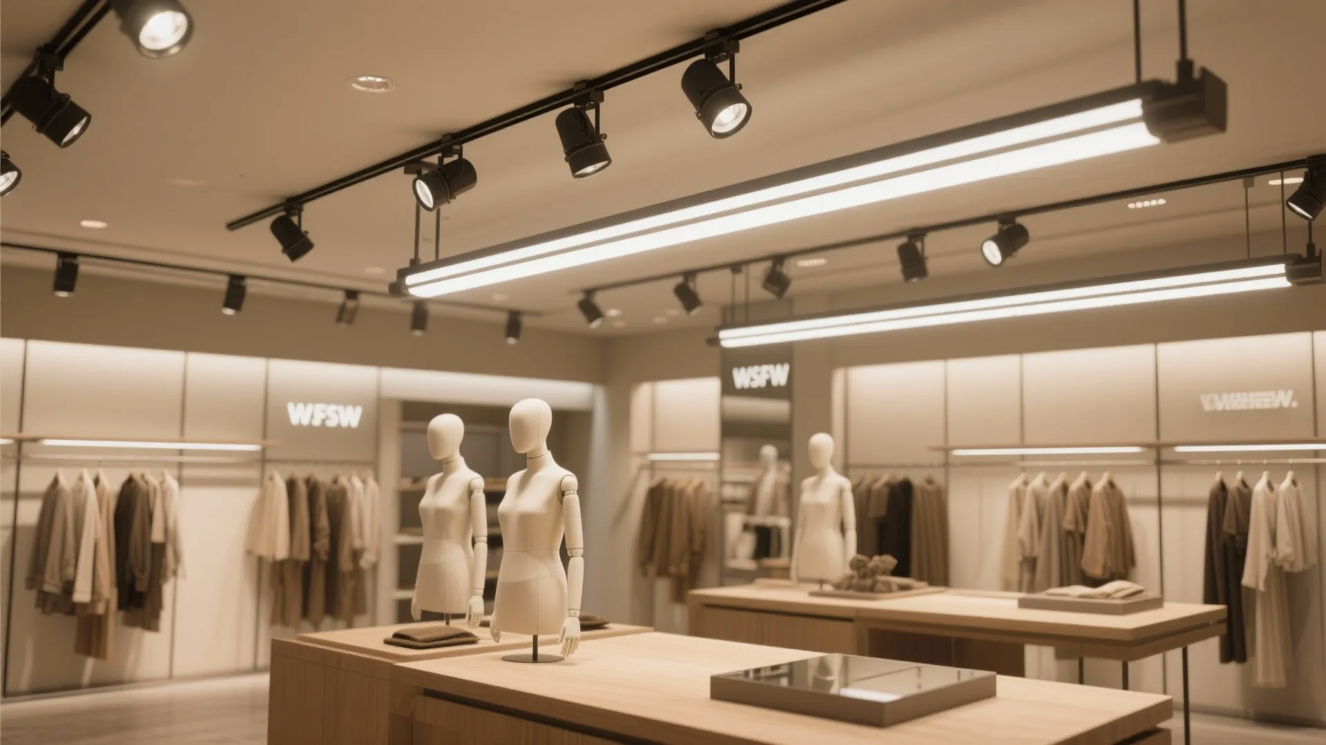 Retail display with adjustable track lights focused on mannequins and tables for merchandising agility.