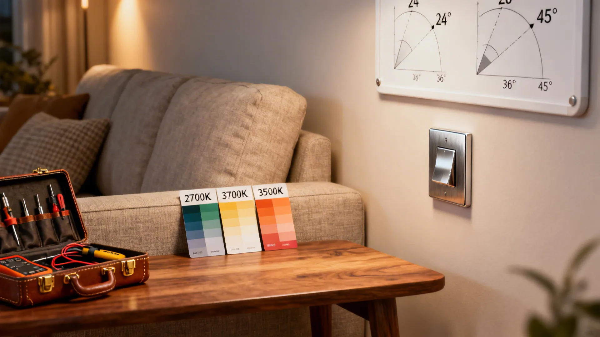 Visual FAQ showing color temperature cards, beam angle diagrams, dimmer switch, and electrician tools.