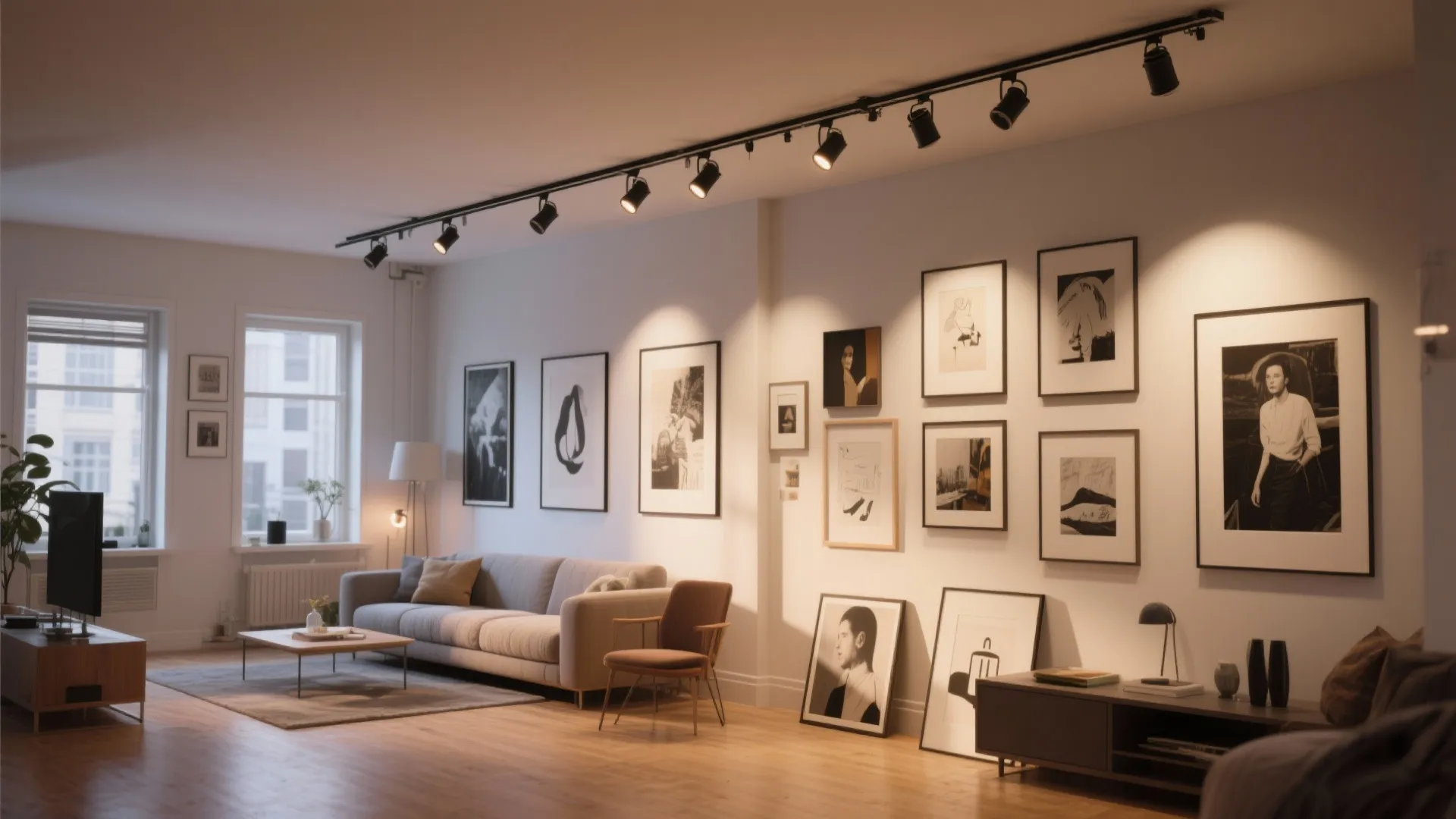 Living room with black track lighting shining on a gallery wall with various framed art pieces