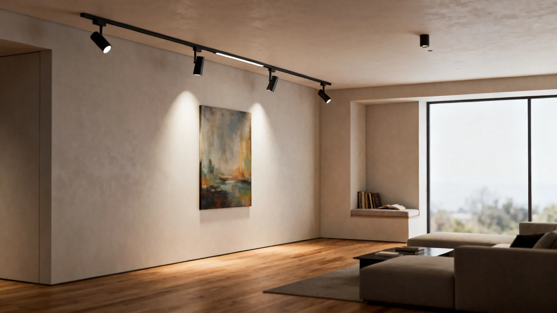 Low-profile track lighting aimed at artwork and a reading nook in a tall living room.