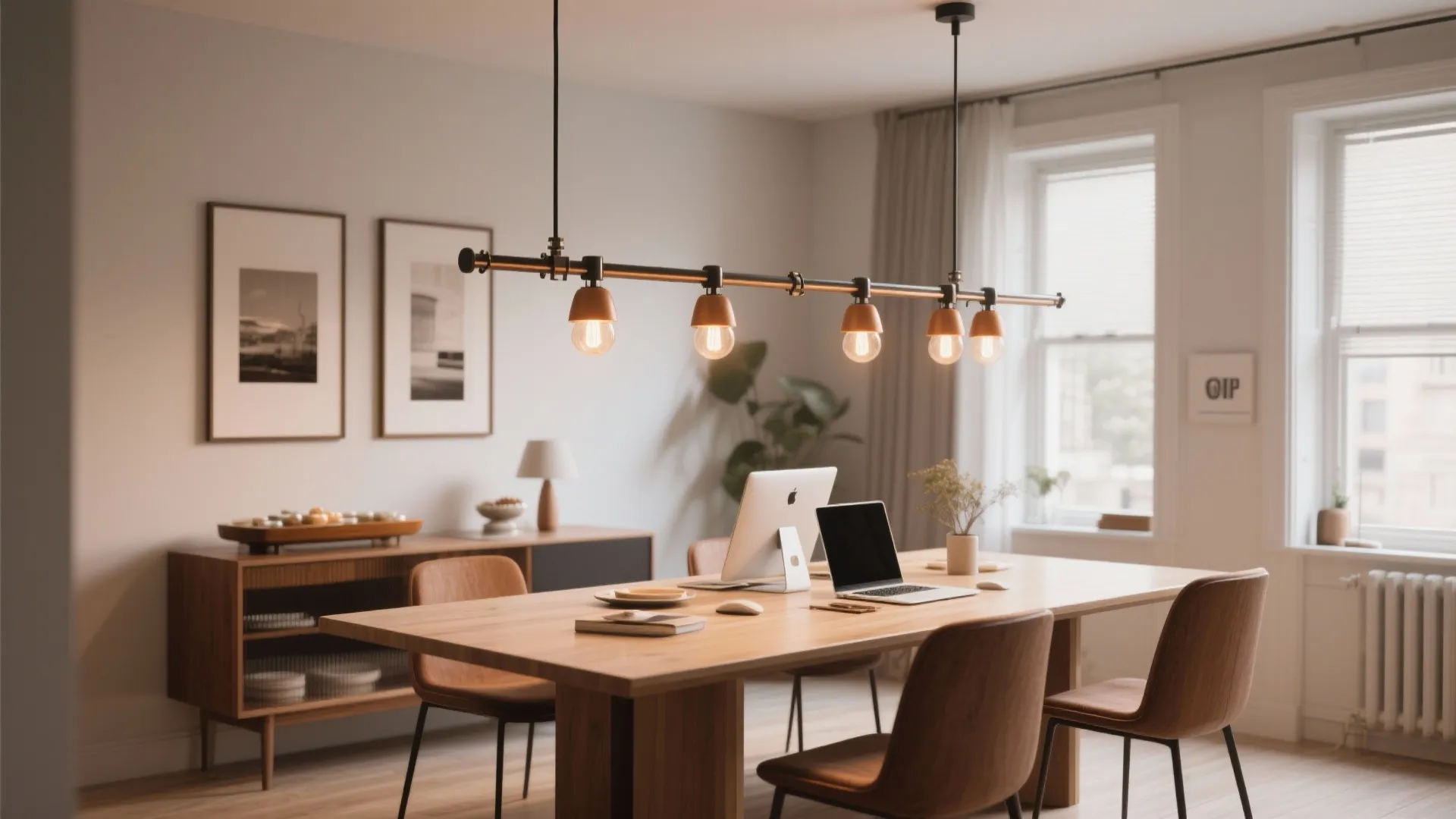Home office with a wooden table, chairs, laptop, and a long industrial style light fixture
