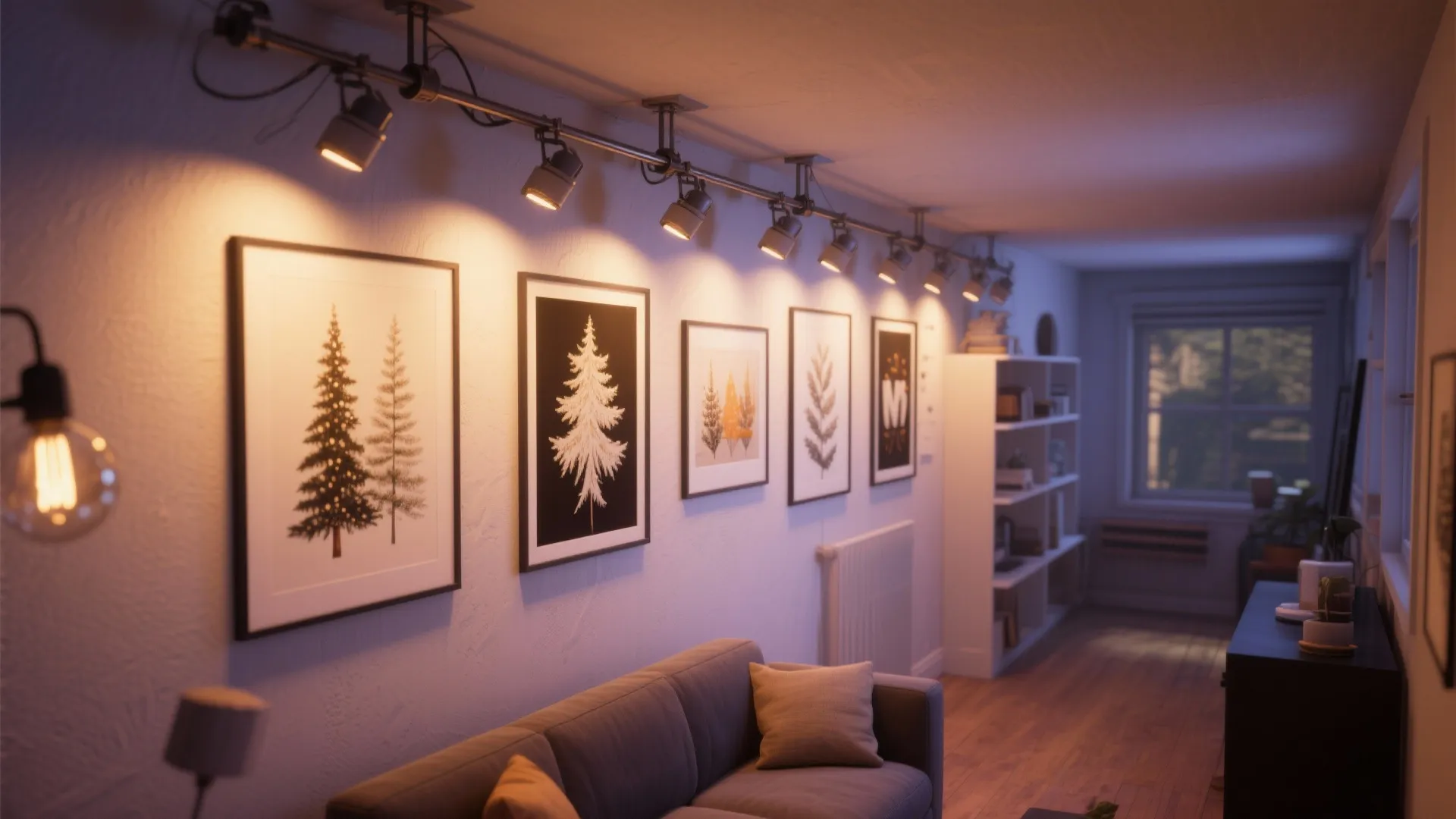 Narrow living room gallery wall illuminated by swivel-track lighting with warm bulbs.