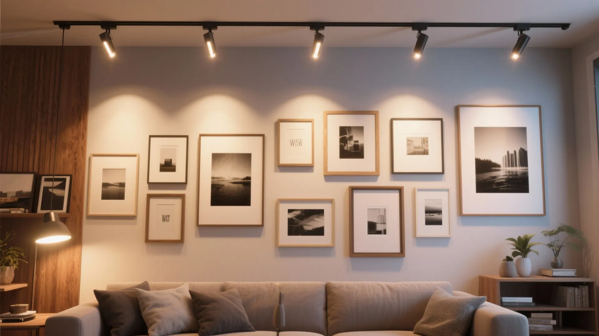 Warm living room with framed wall art highlighted by adjustable black ceiling track light fixtures