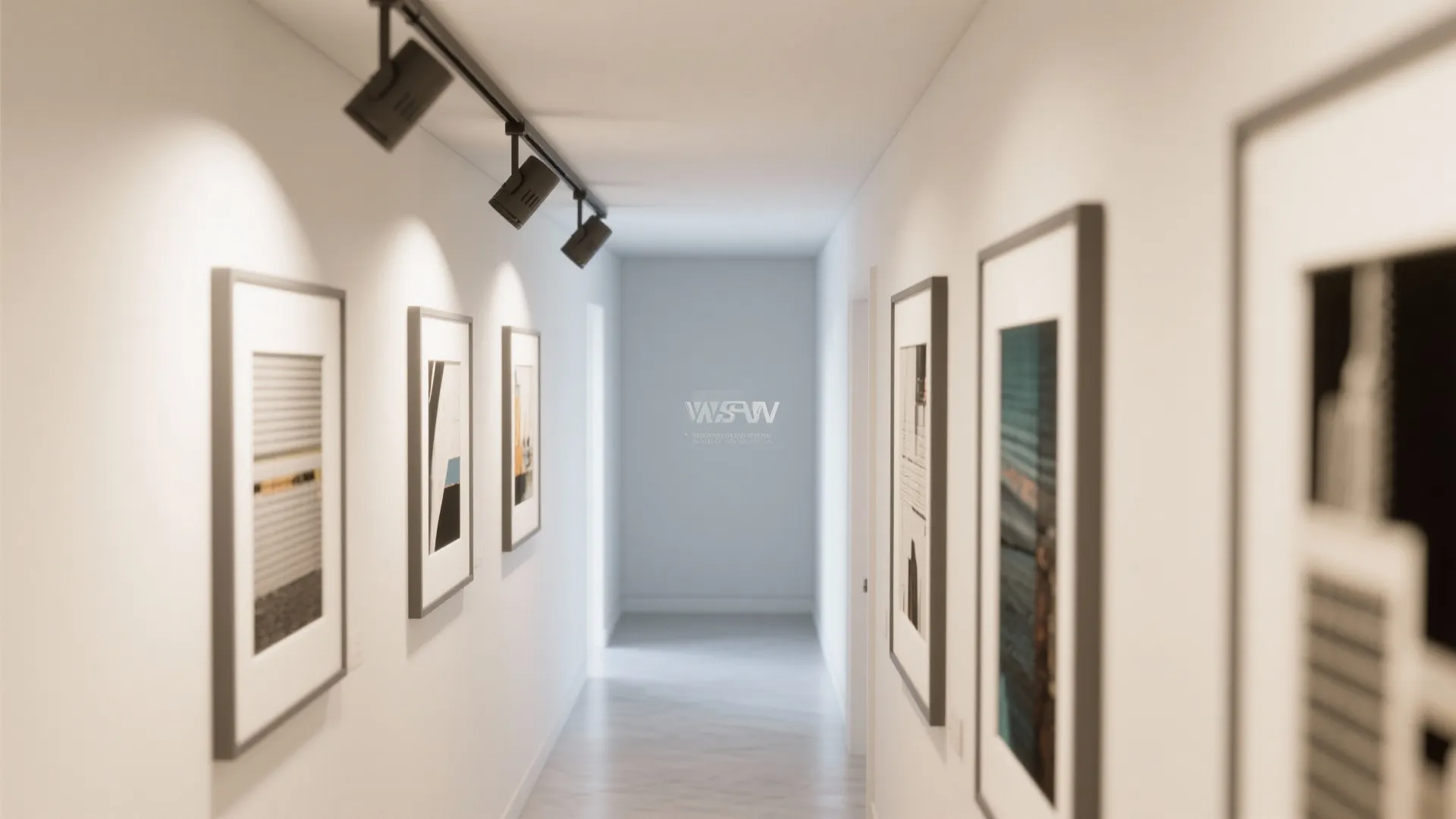 White hallway with black track lights on ceiling illuminating several framed pictures on the walls