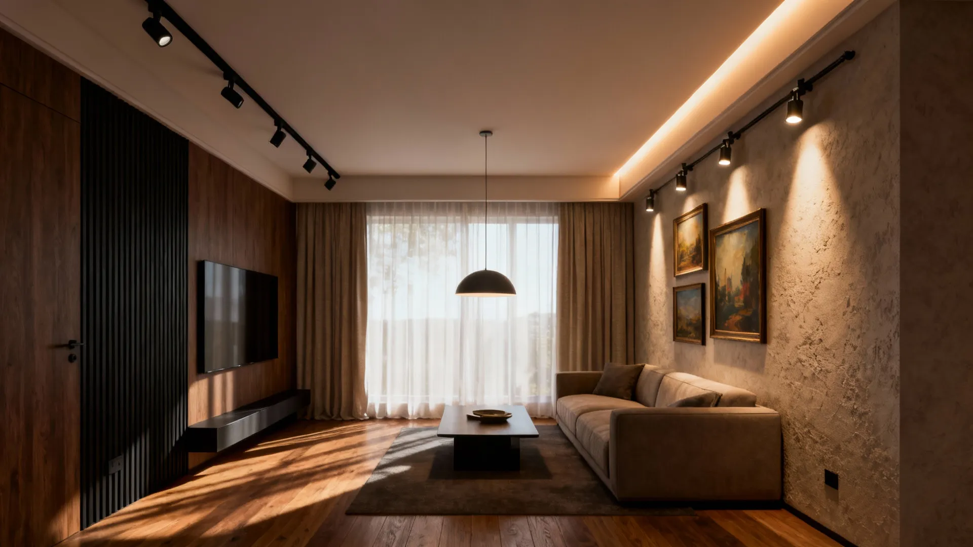 Modern living room featuring warm track lighting wall lights grey sofa and wooden floor design