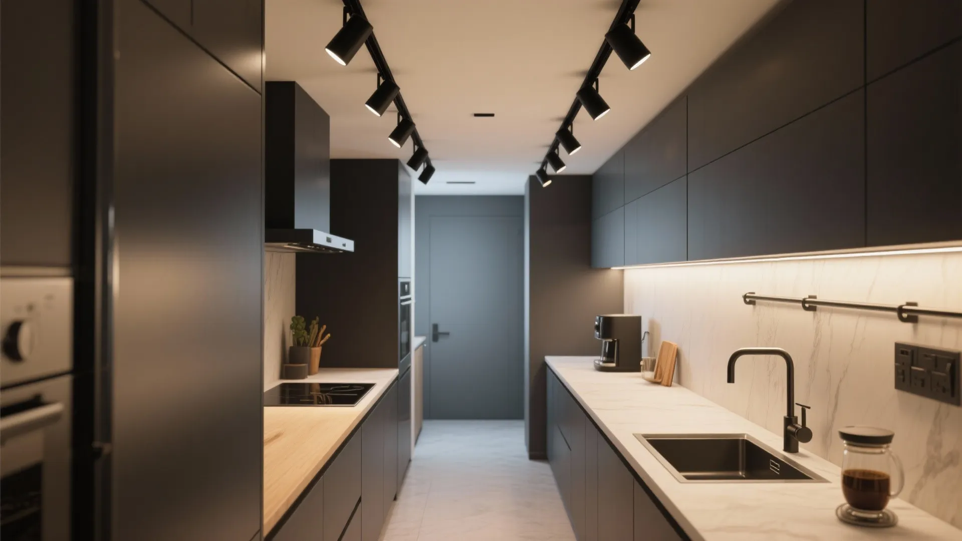 Sleek dark grey kitchen with long marble counters black track light fixtures and modern sink