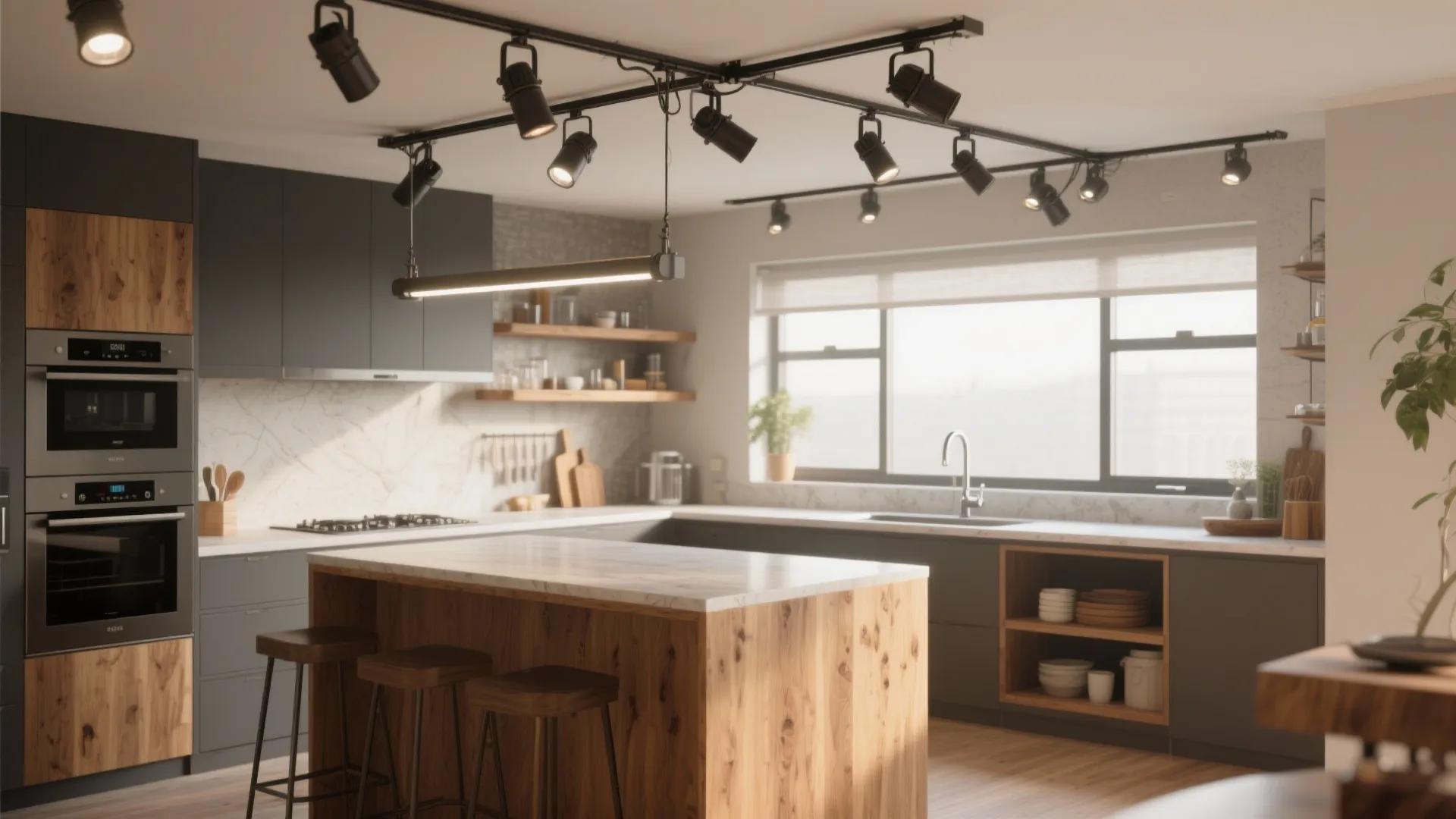 Modern kitchen with adjustable track lighting heads highlighting work areas