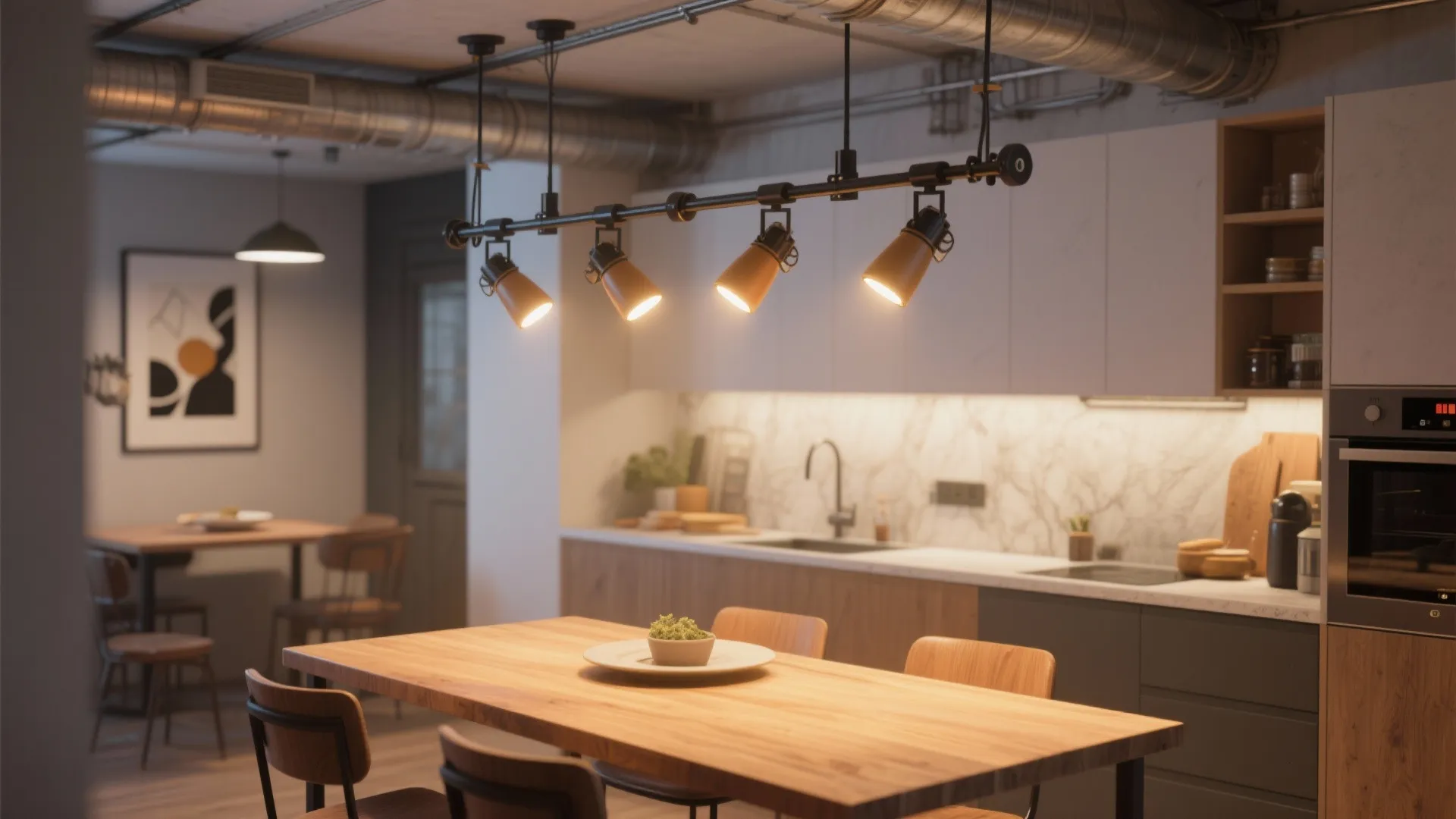 Kitchen and table lit by adjustable warm LED track lighting with heads aimed at table and artwork.