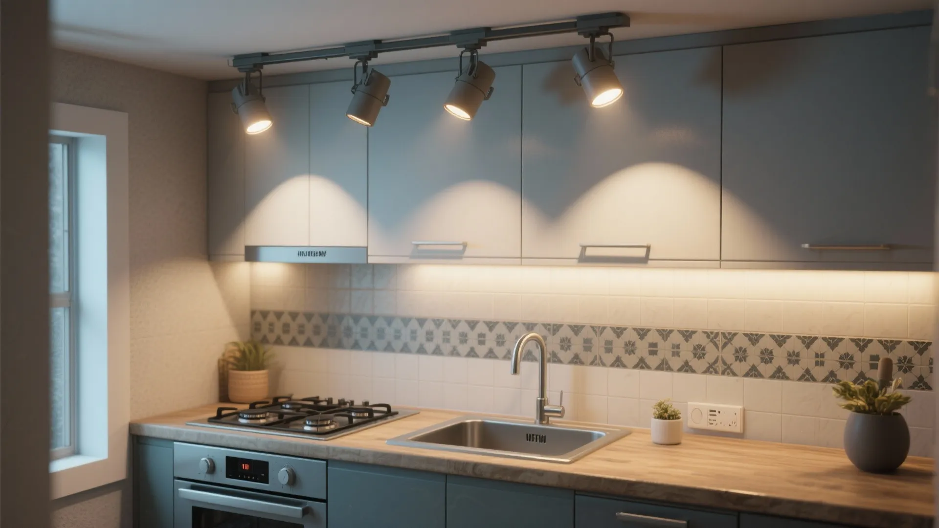 Kitchen counter with grey cabinets wood countertop steel sink gas stove and black track light