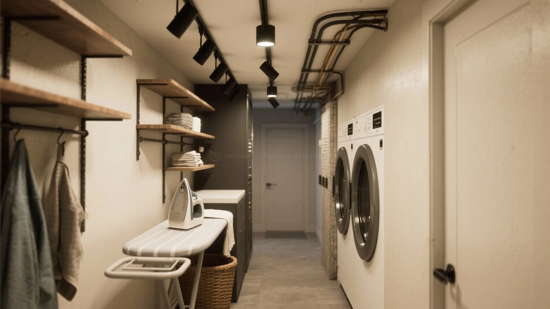 Narrow laundry room with ironing board washing machines wooden wall shelves and black track ceiling lights