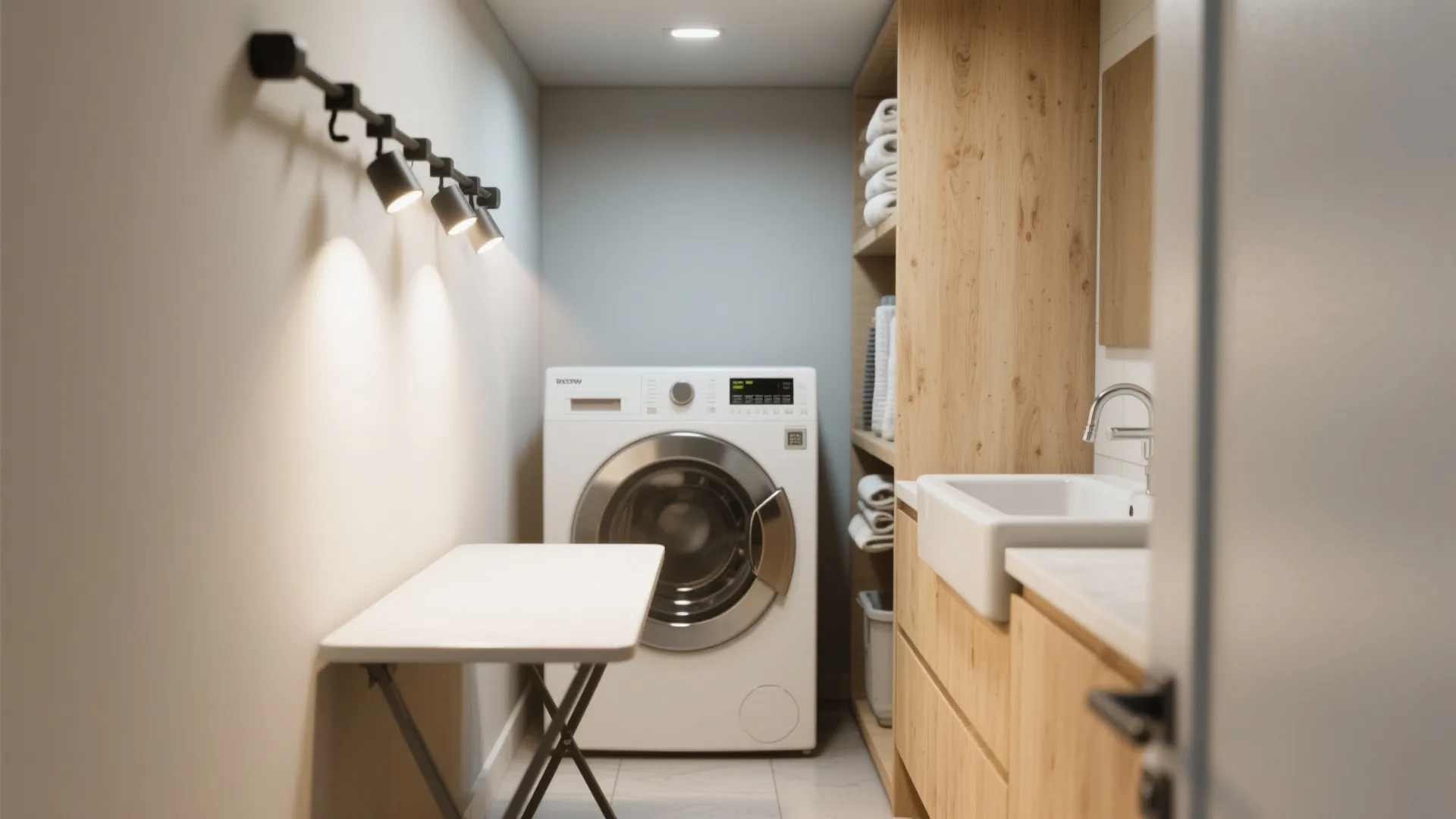 Small laundry room with wooden cabinets washing machine white sink and black track light fixture