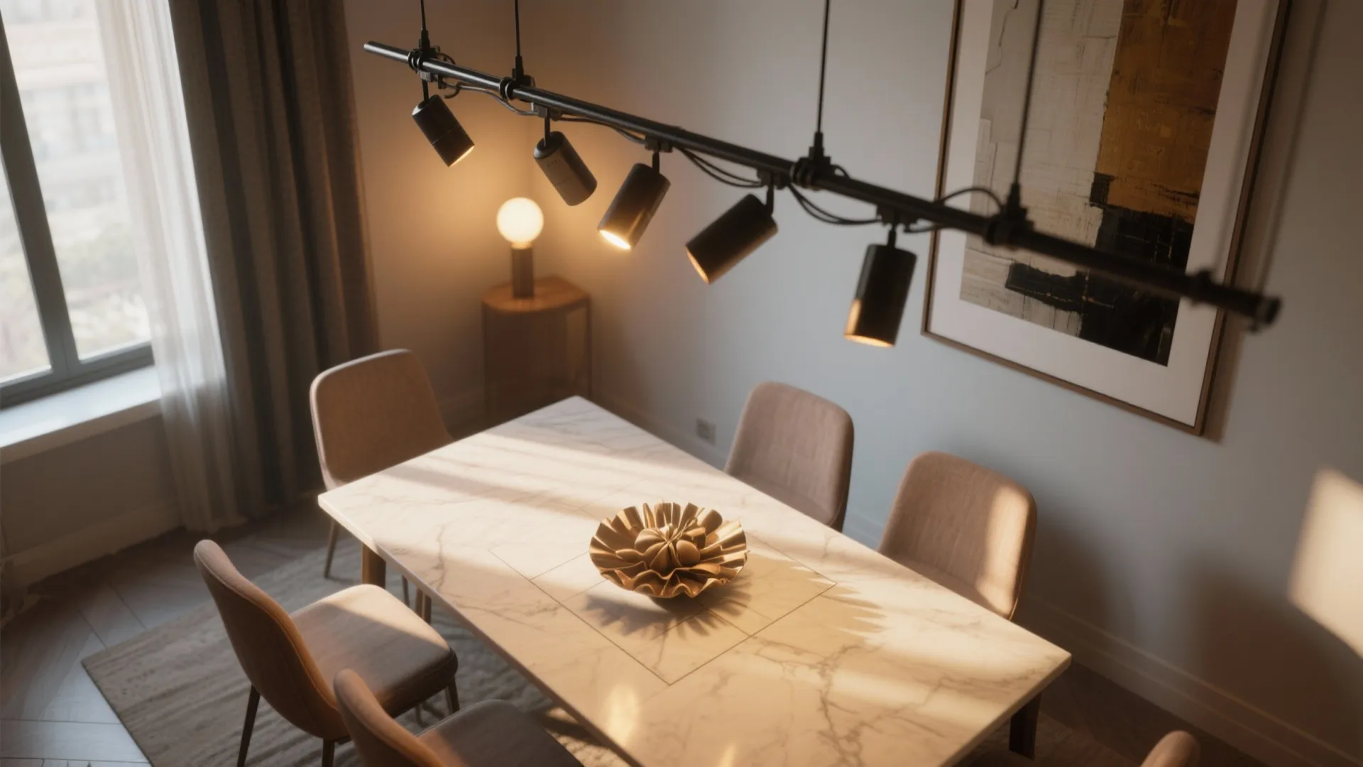 4. Track lighting angled toward the table