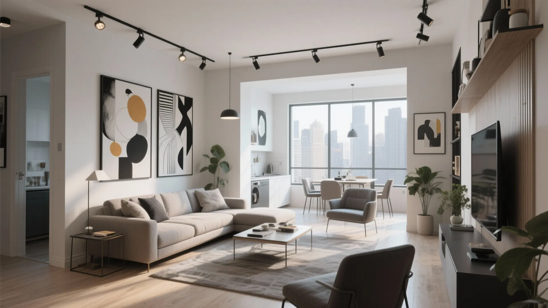 Contemporary living room with adjustable ceiling track lighting