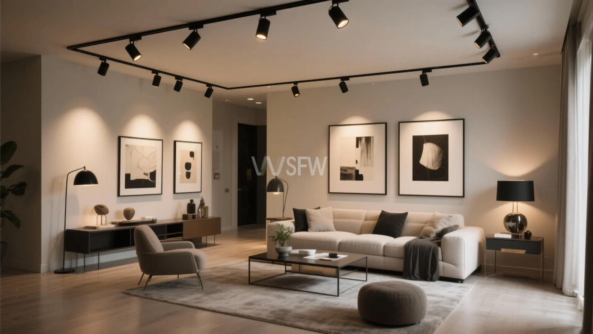 Living room with track lighting highlighting art