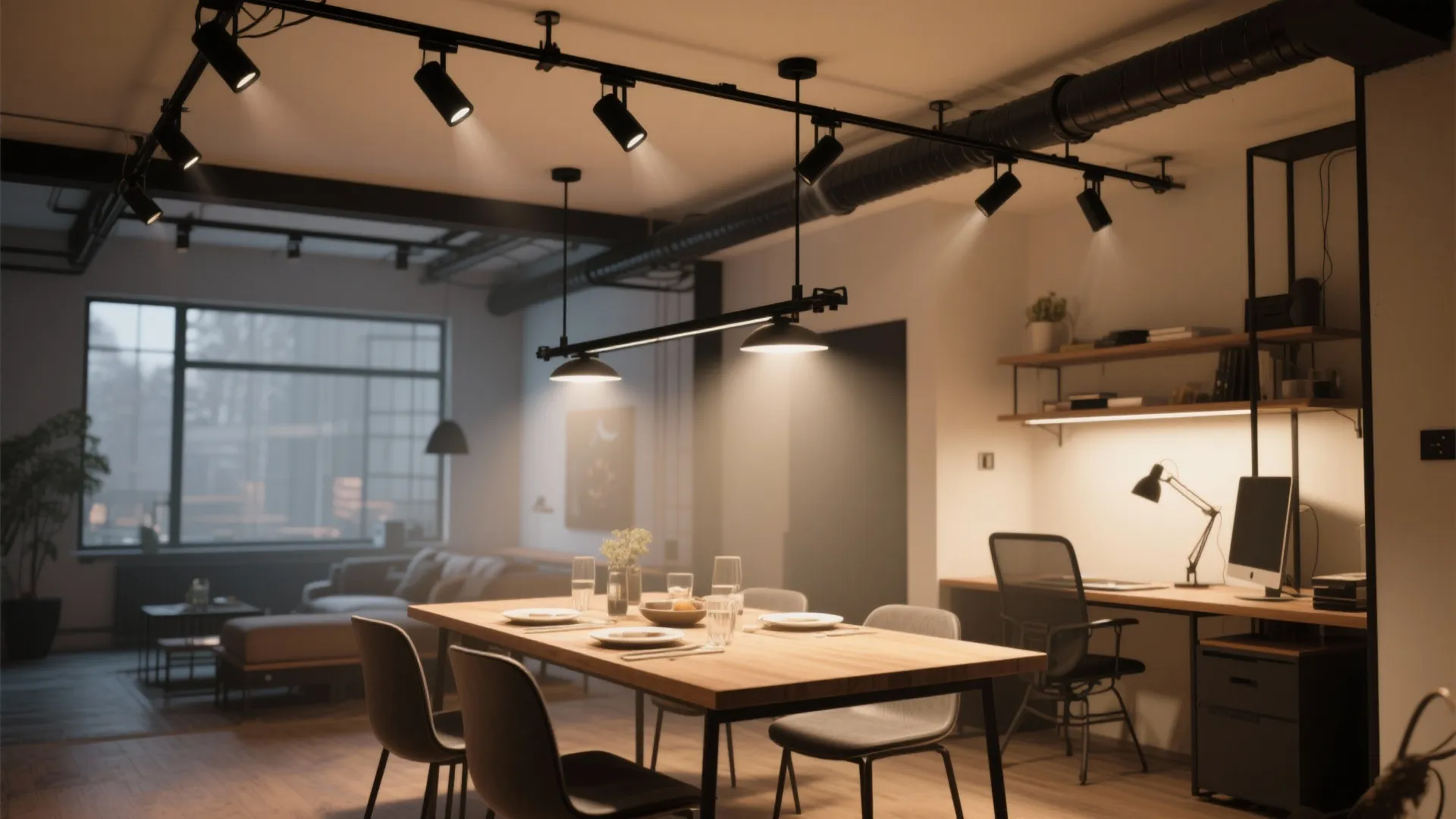 3. Adjustable track lighting for multifunctional dining areas