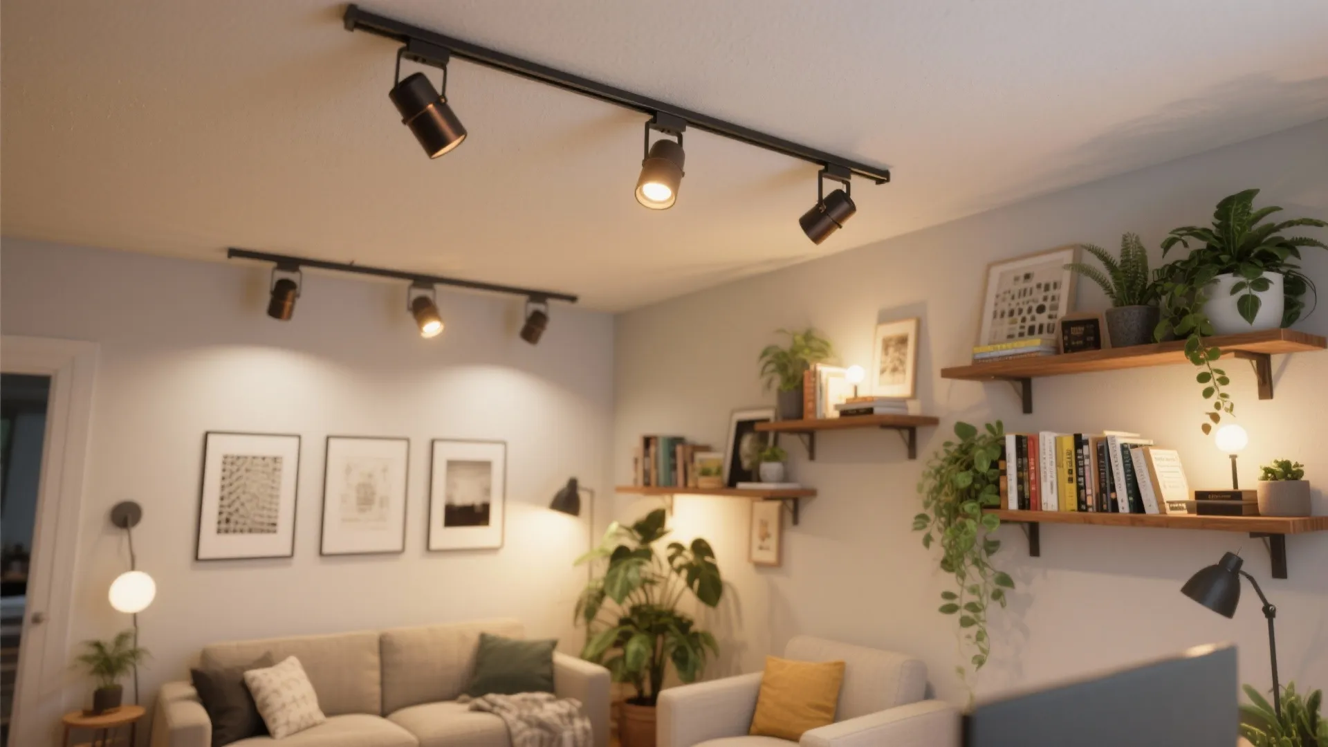 Track lighting with adjustable heads for layered control