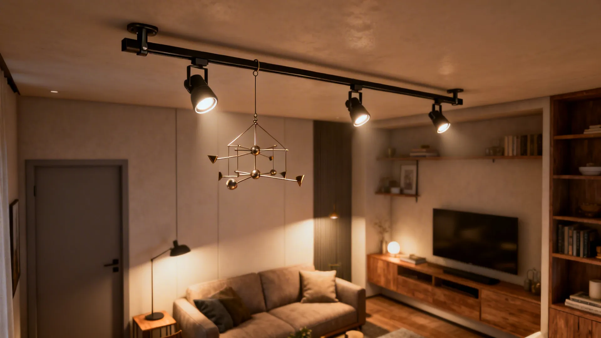 Integrated track lighting paired with a decorative hanging mobile in a small living room.