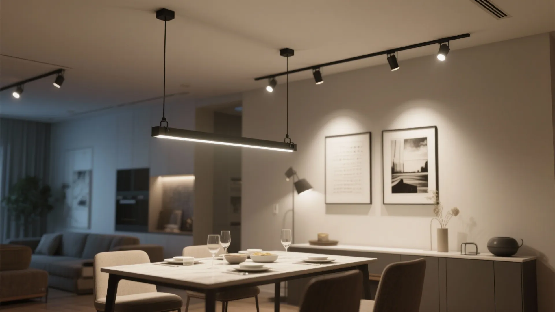 Modern dining area with black hanging light track lighting white table chairs and a cabinet