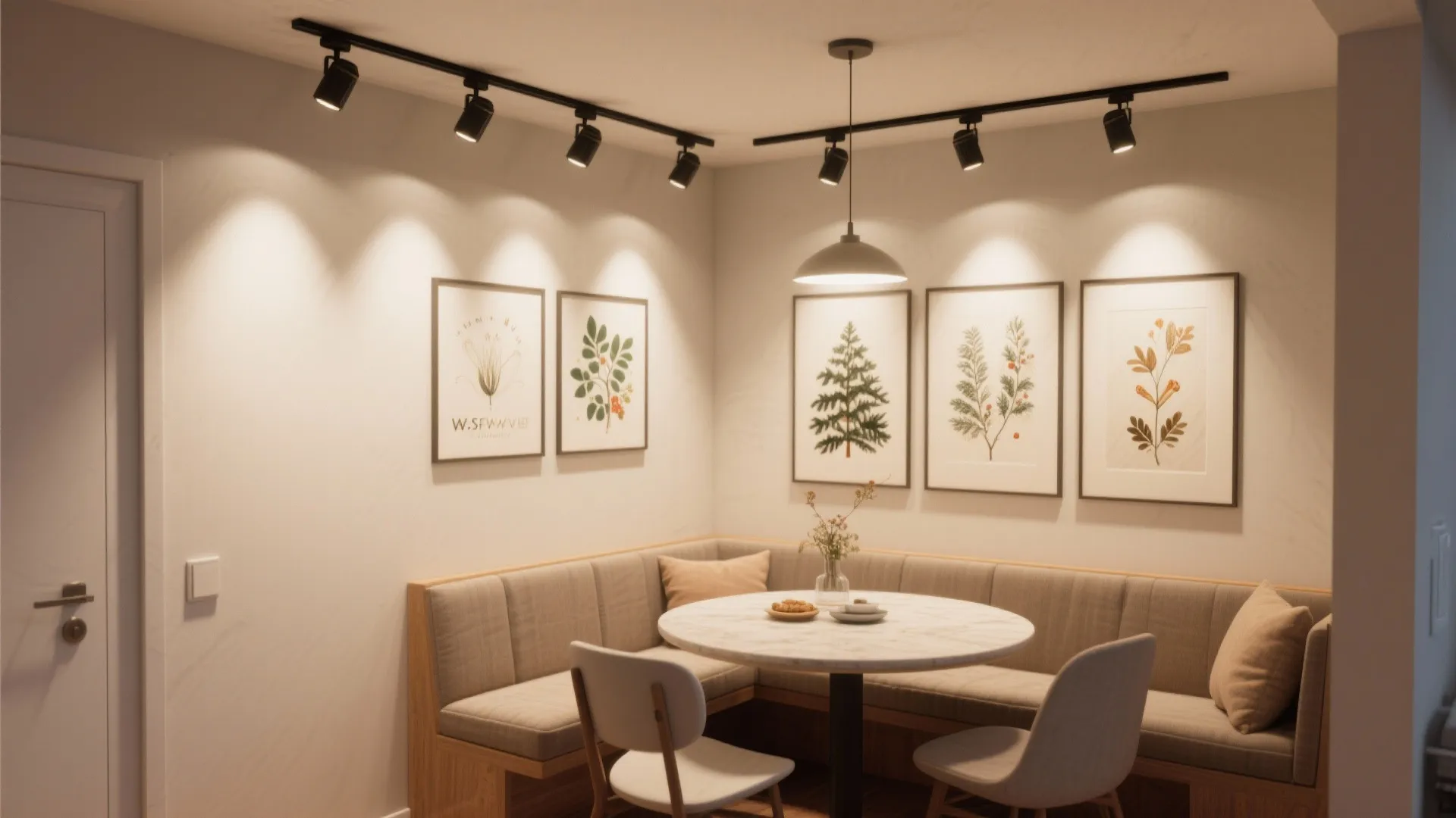 Dining area with corner sofa seat round table ceiling light and black track light fixtures