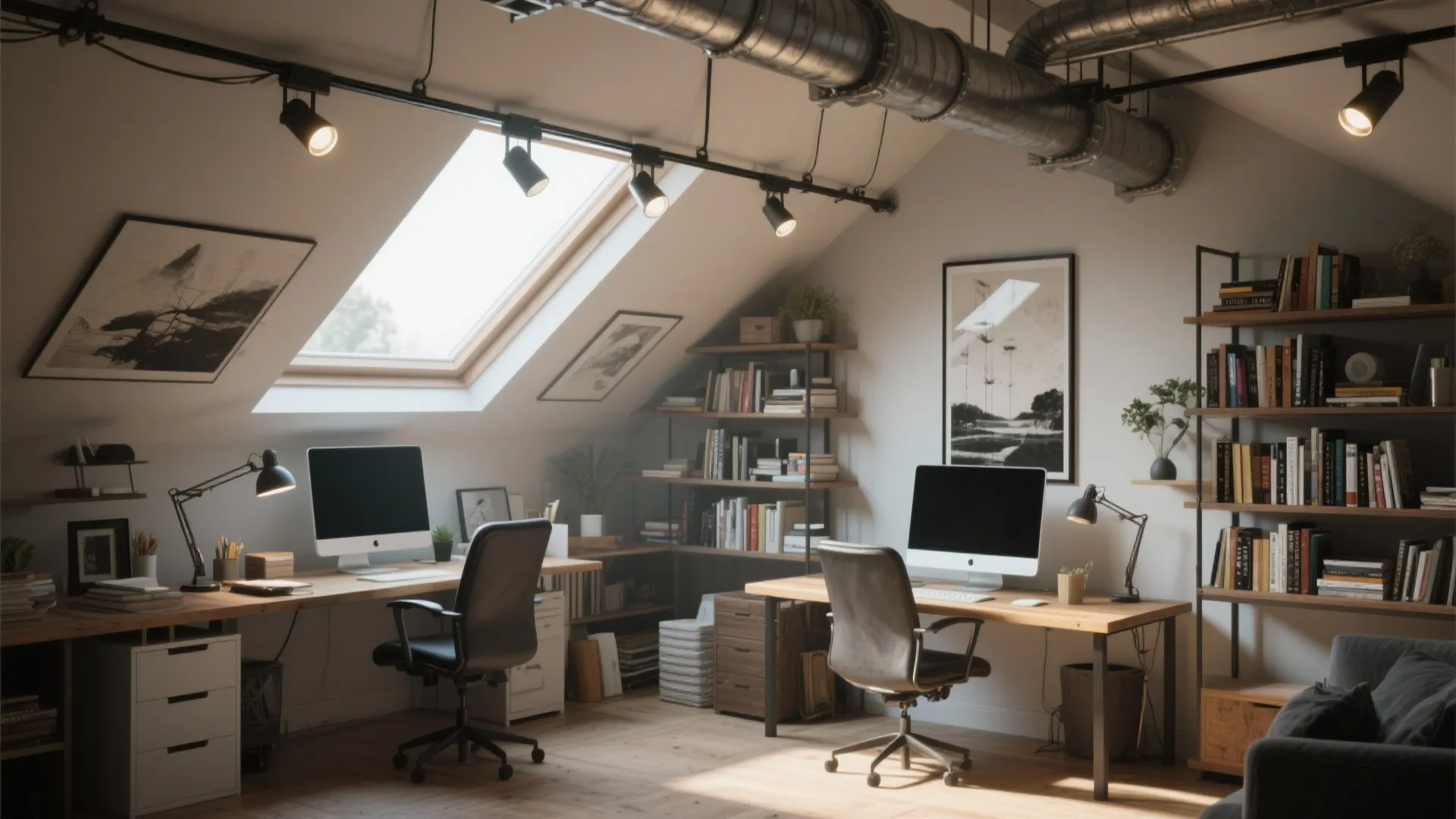 Attic workspace with adjustable track lights aimed at key areas