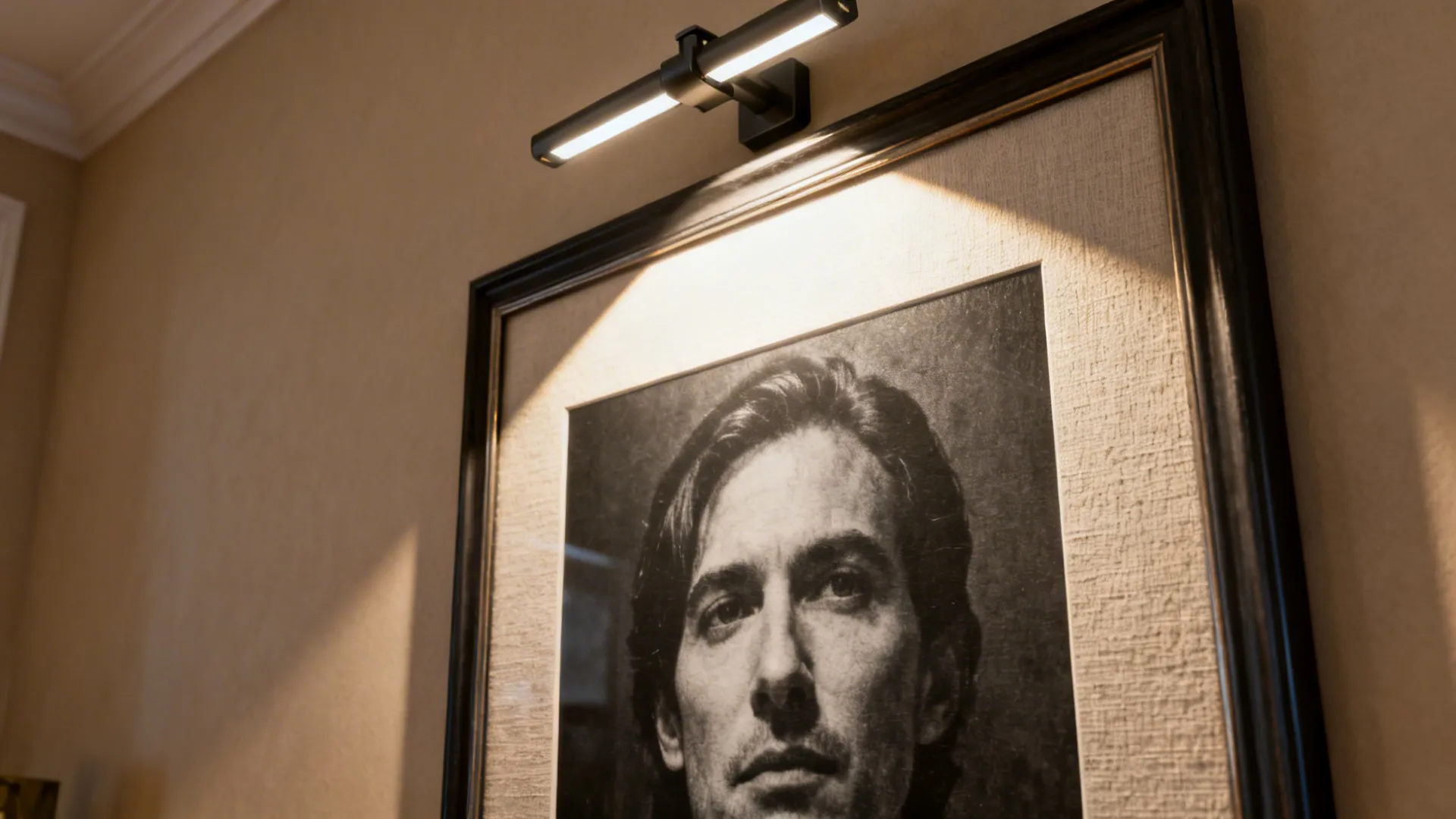 Framed photograph highlighted by adjustable track lighting with anti-reflective glazing.