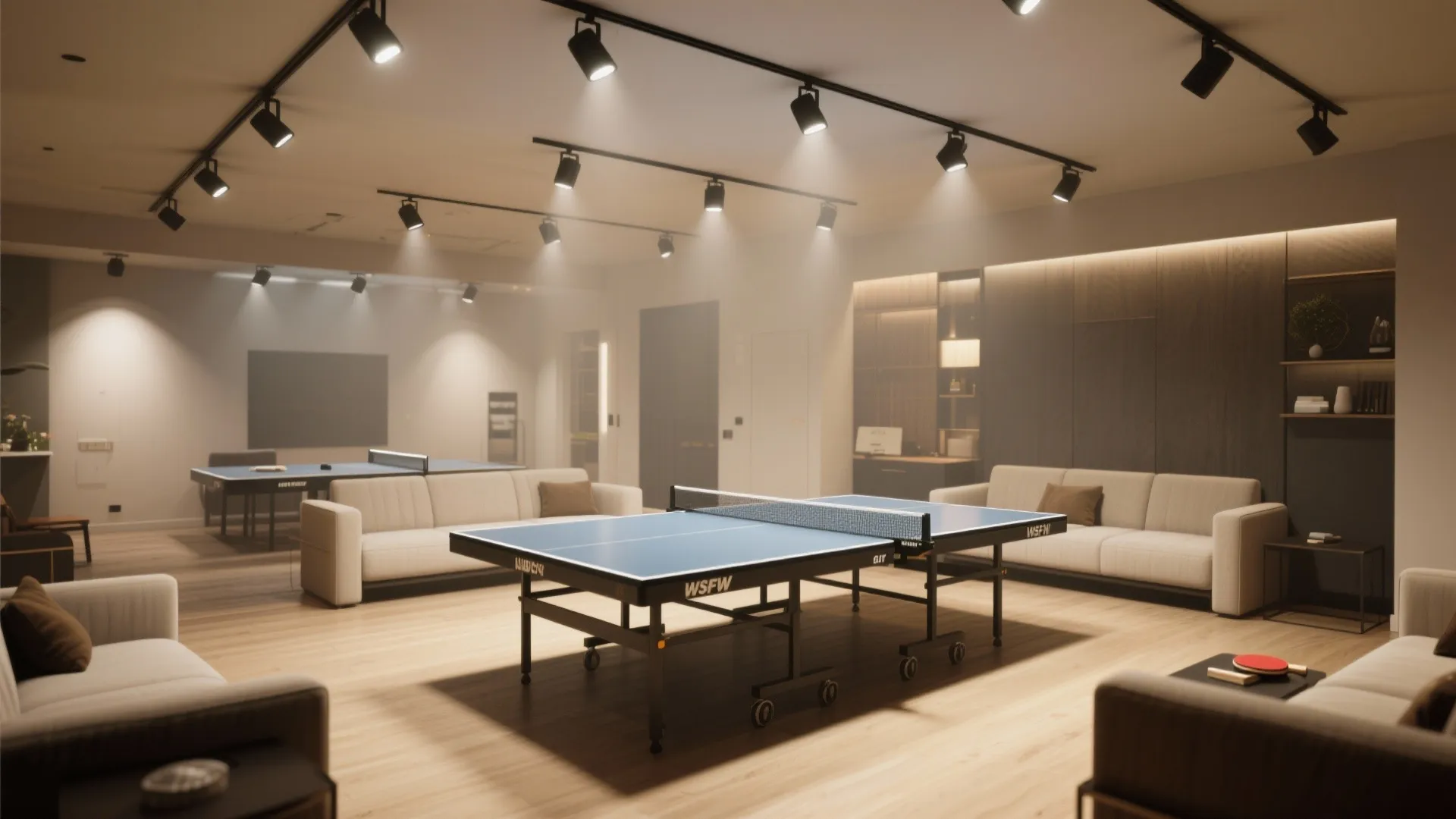 Modern game room with track lighting system blue ping pong table and cozy white sofas