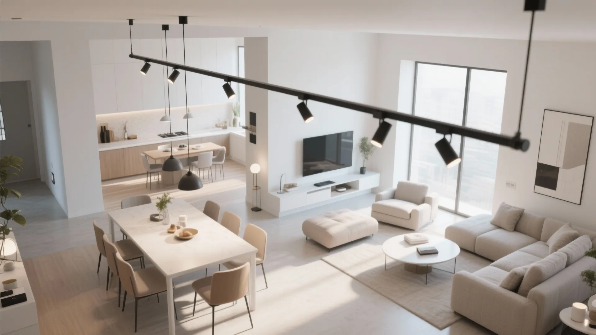 Open-plan room with adjustable track lighting layout