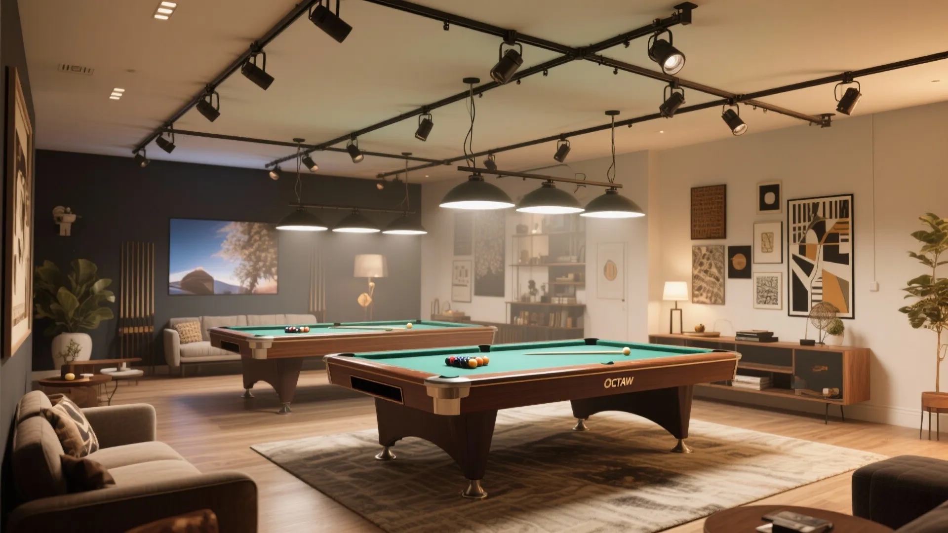 Spacious recreation room featuring two pool tables track lighting black light fixtures and cozy grey sofa