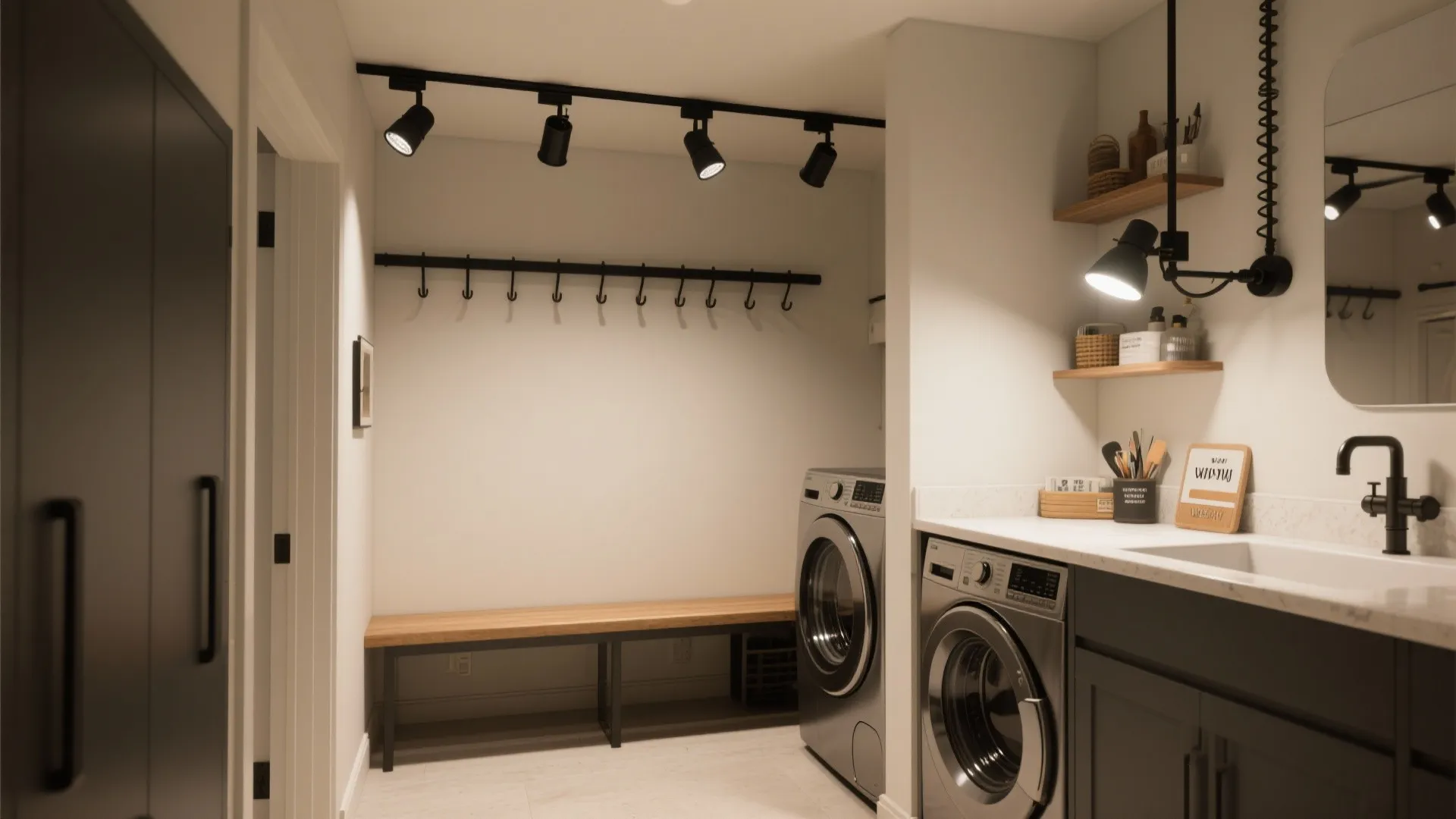 Laundry room featuring black track lighting over a wooden bench and stainless steel washing machine