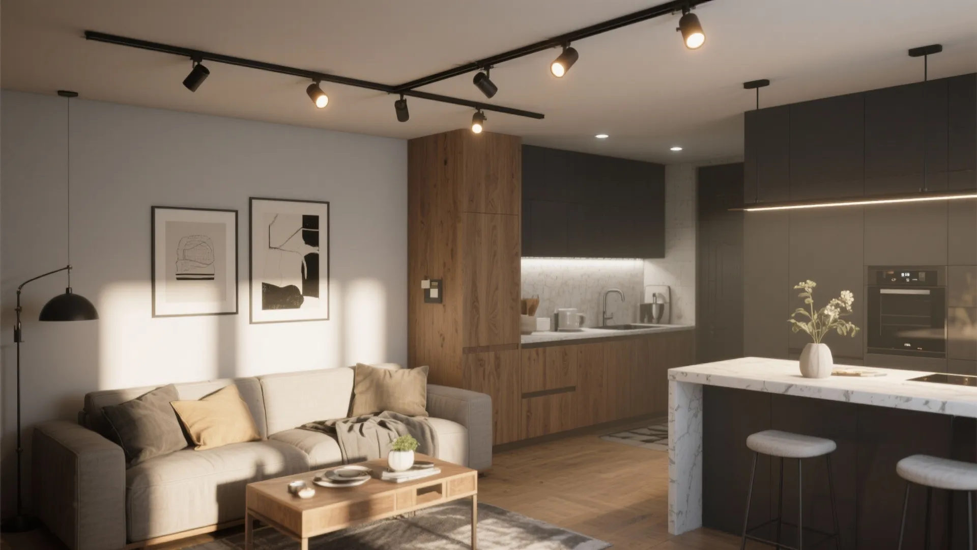 Modern living room with grey sofa wooden cabinet black track ceiling light and marble kitchen island