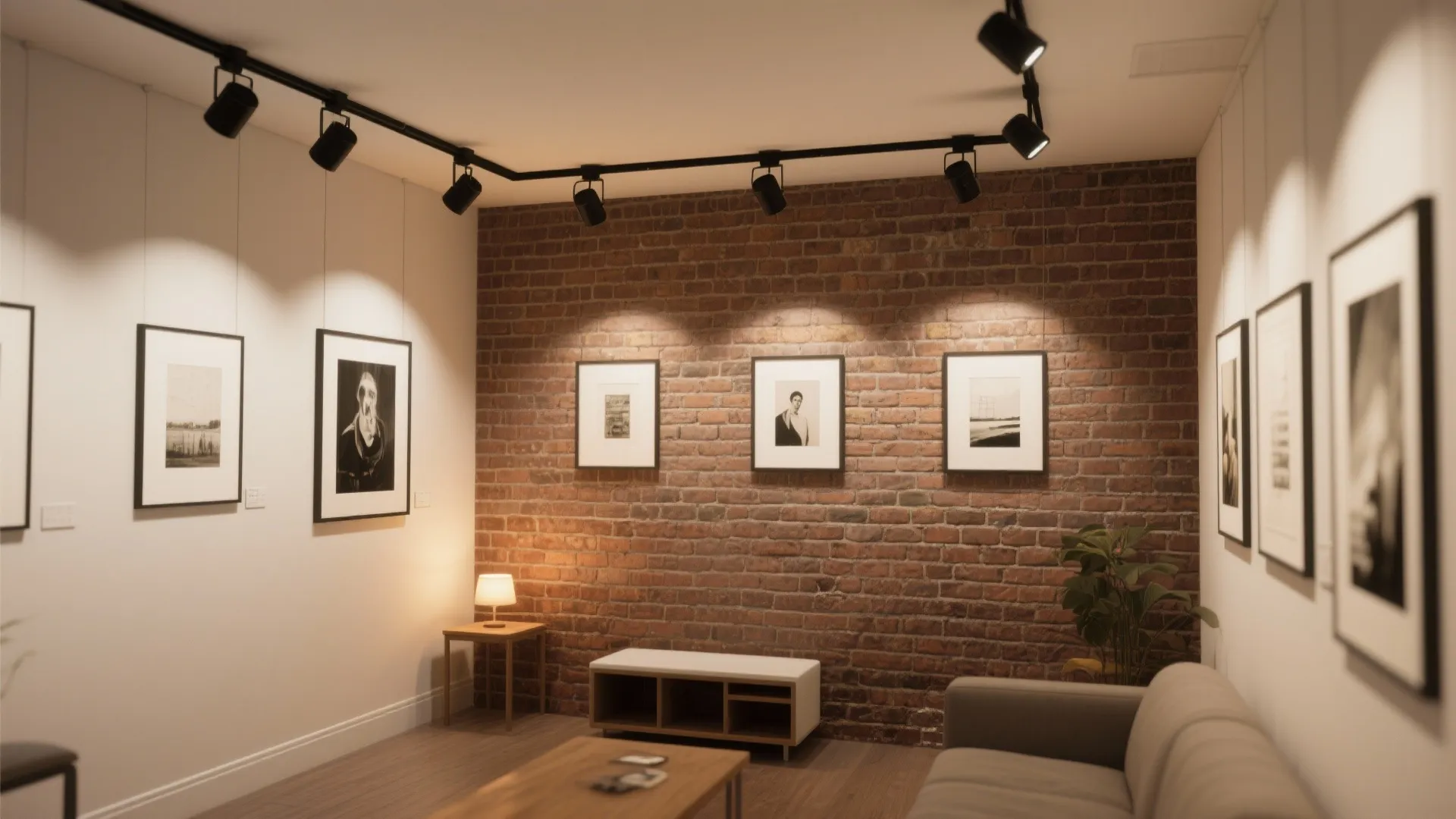 Small living area with exposed brick and low-profile track lighting aimed at art and brick.