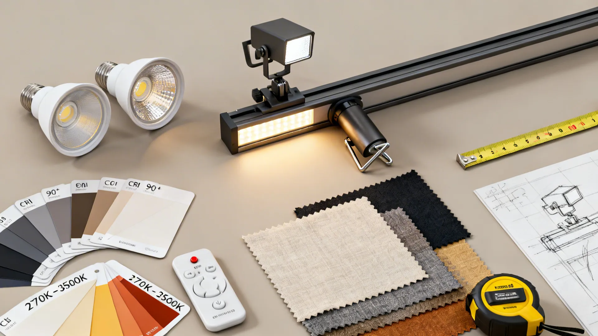 Flatlay of LED bulbs, beam swatches, dimmer remote and mockup clamp light for planning track layouts.