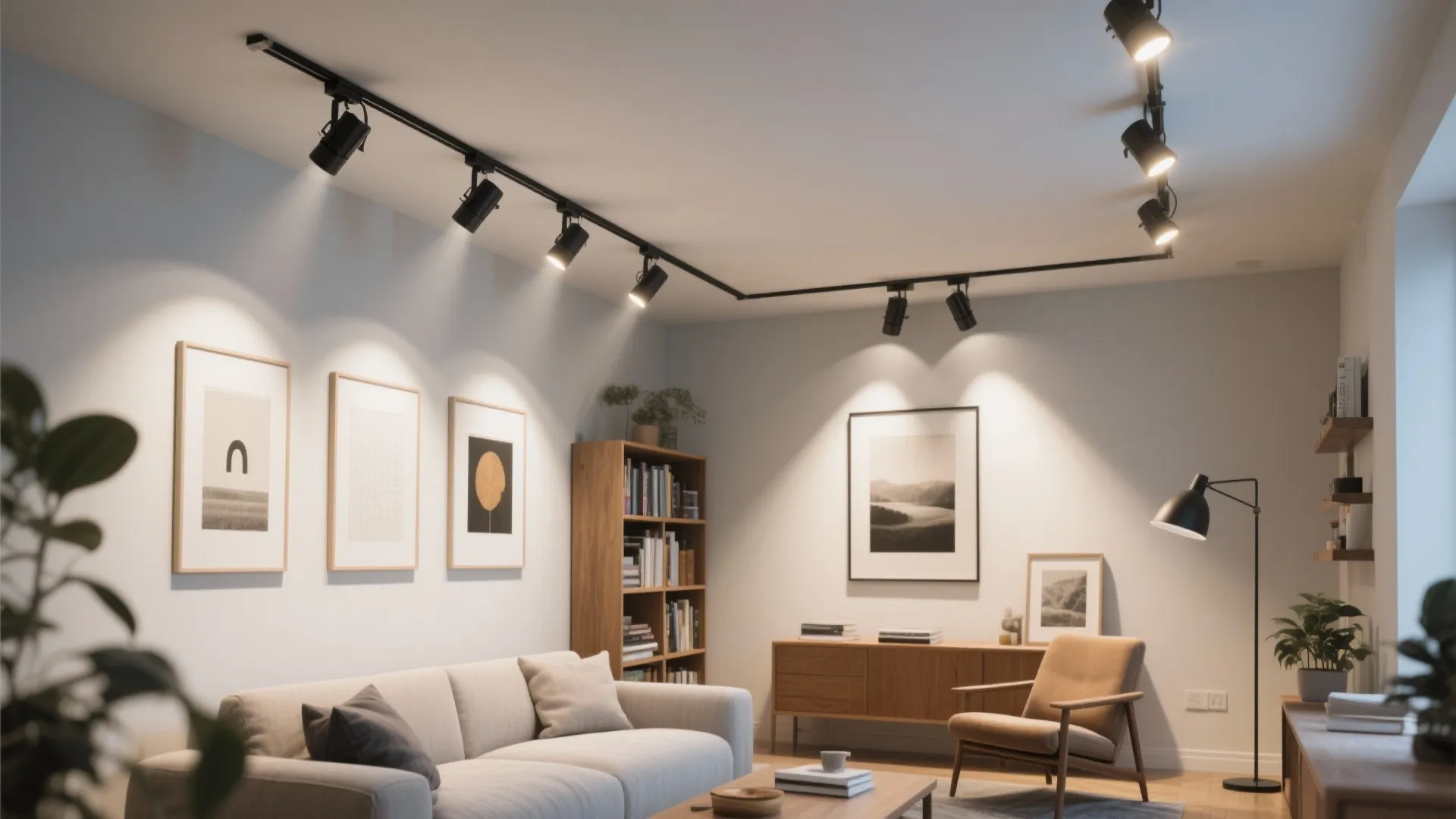 Bright living room with black track light fixtures illuminating art pieces on the white wall