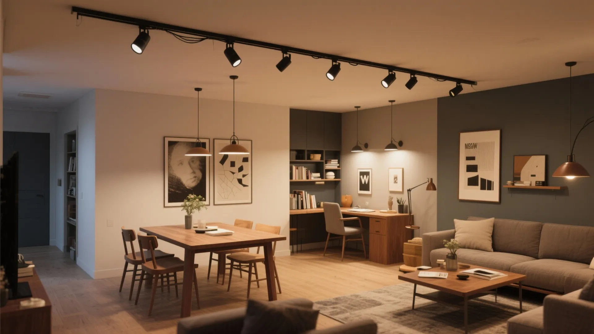 Open plan living space with black track ceiling lights dining table and wooden home office