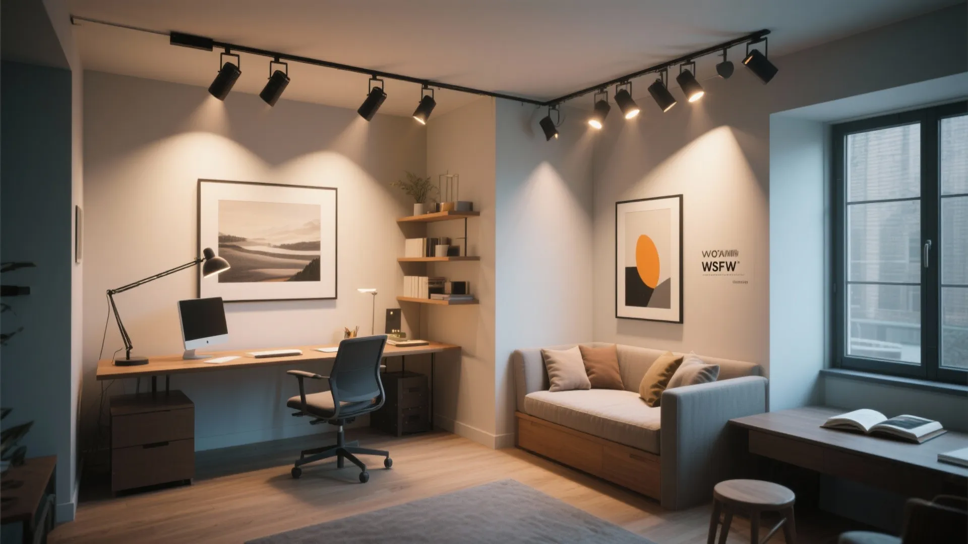 Modern home office area with wooden desk black chair sofa and black track ceiling lights