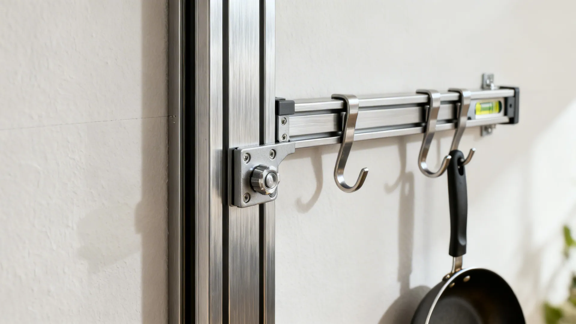 Macro of a vertical track upright and adjustable hook holding a pan handle.