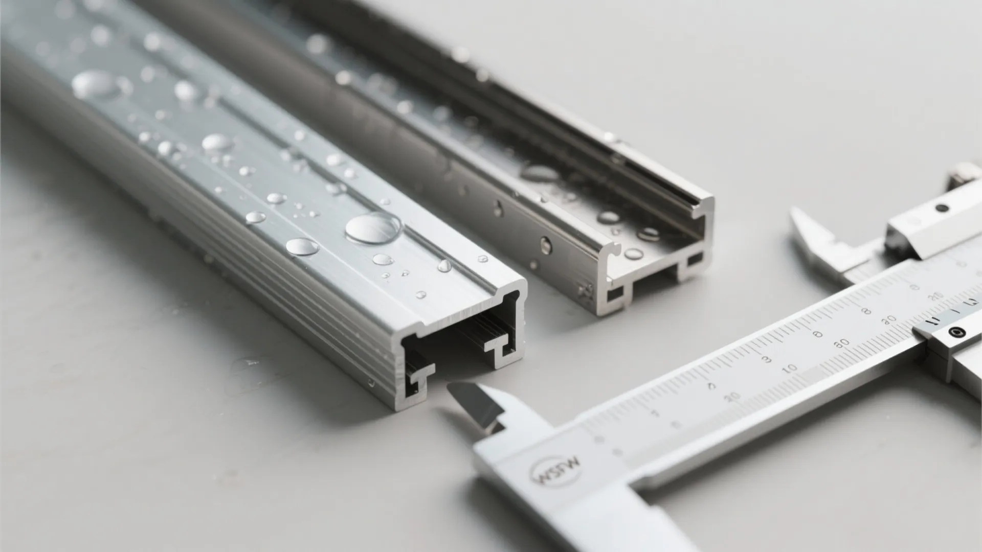 Close-up of aluminum and stainless steel track samples with measurement tools and moisture droplets.