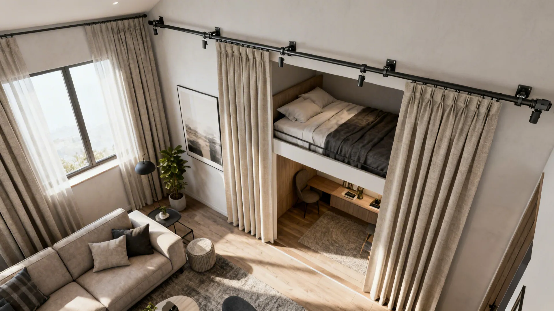 Ceiling track curtains partitioning a small living room from a sleeping nook, showing neat hardware and smooth fabric glide.