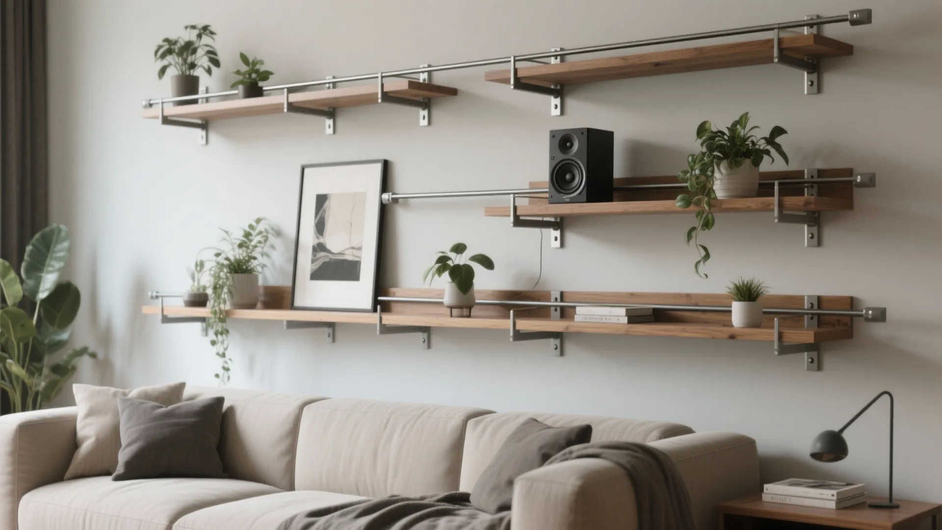 5. Track-mounted modular shelving for custom arrangements