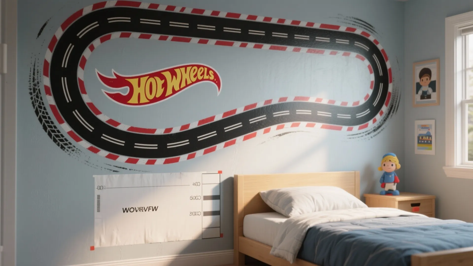 Bedroom featuring a large race track wall mural above a wooden bed with blue bedding