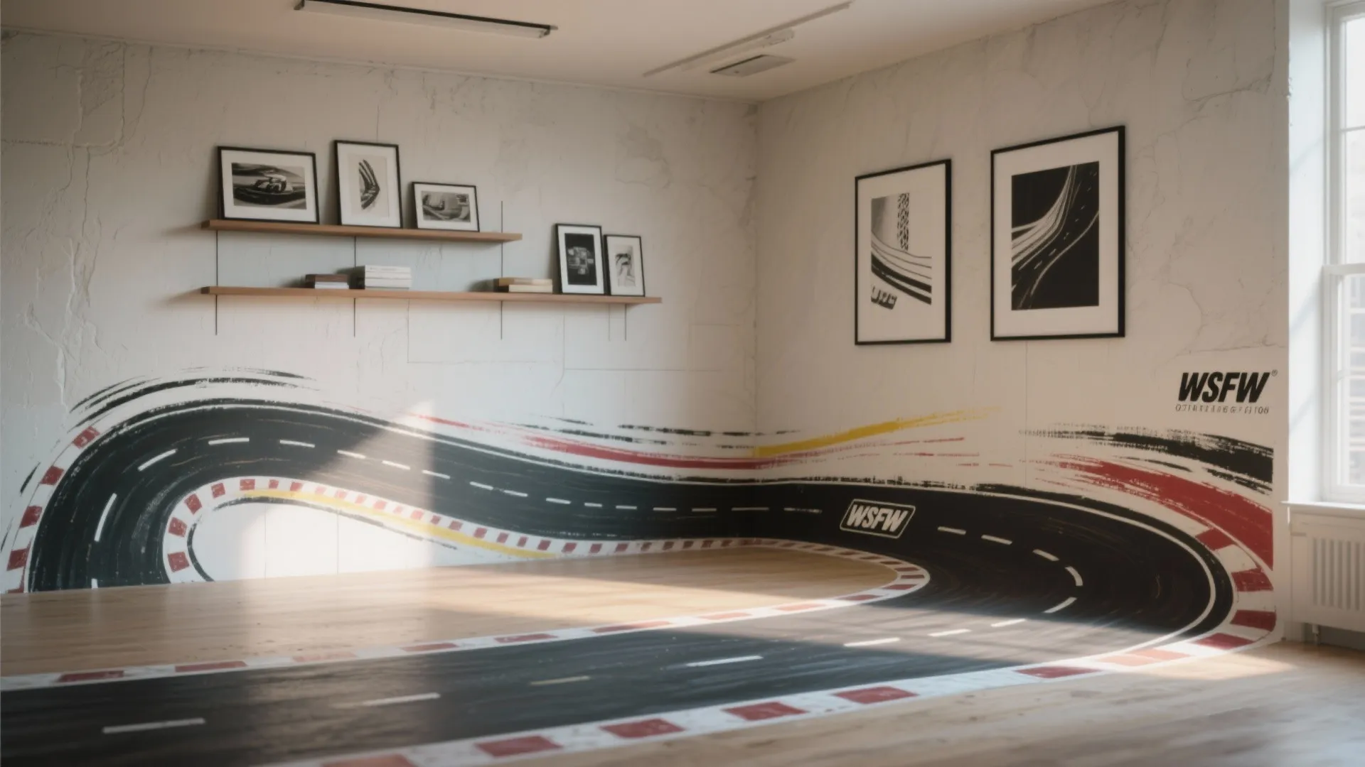 2. Track-wall mural that wraps the room