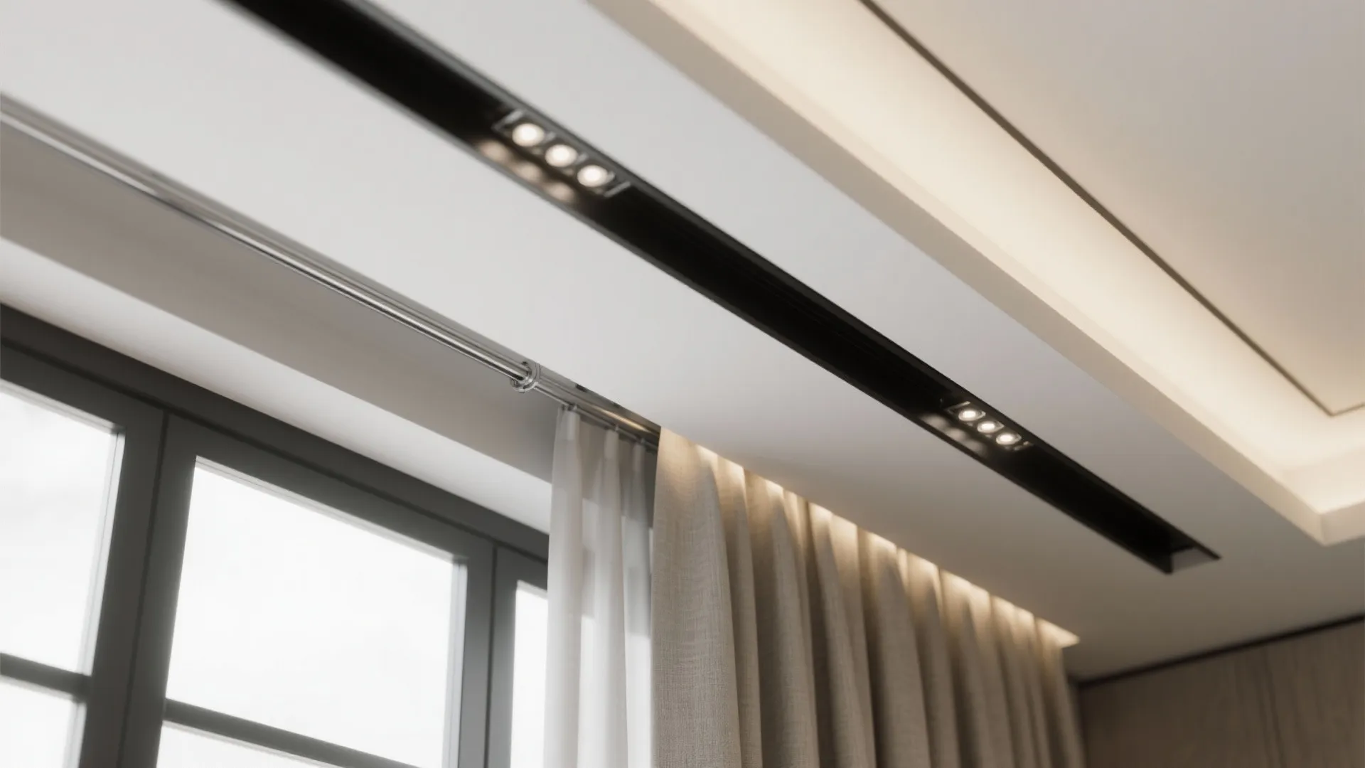 Modern ceiling with black track light fixtures and beige curtains hanging near a window view