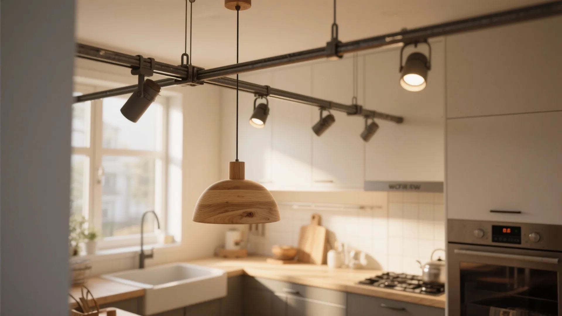 Wooden ceiling light and black track lights in a warm kitchen with white cabinets and sink