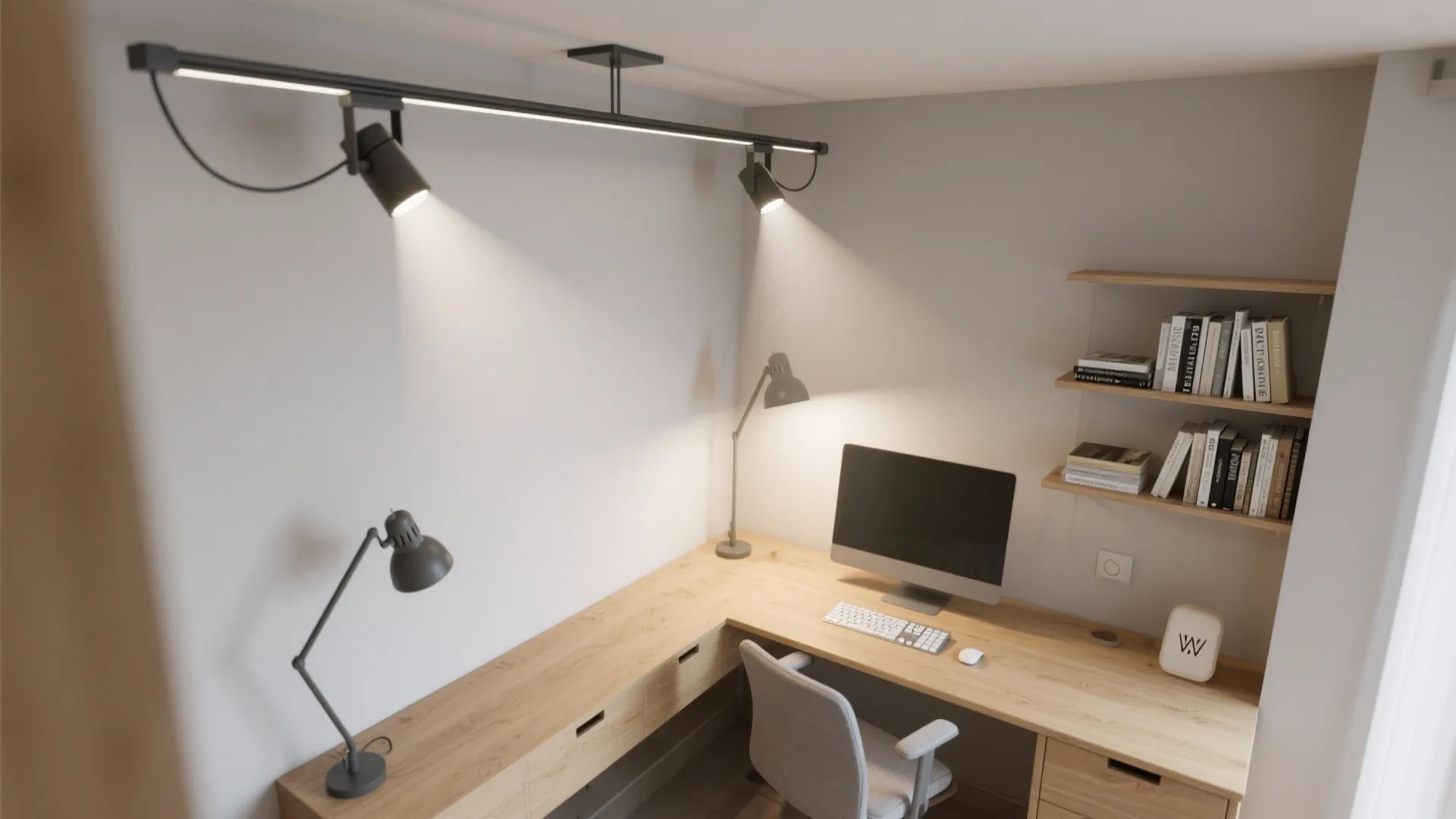 Interior design drawing of corner workspace with black track lighting and wooden L-shaped desk setup