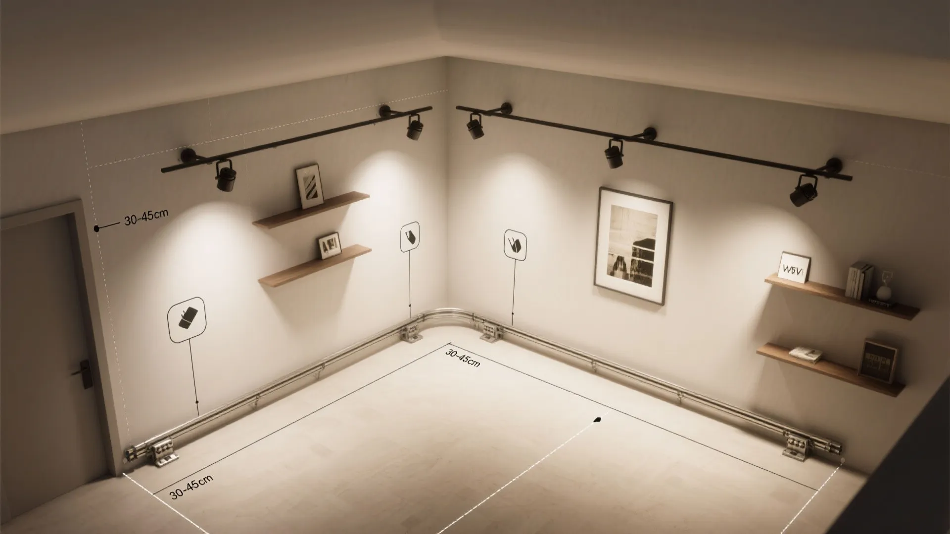 Wood Accents on Track Lighting for Flexible Zones