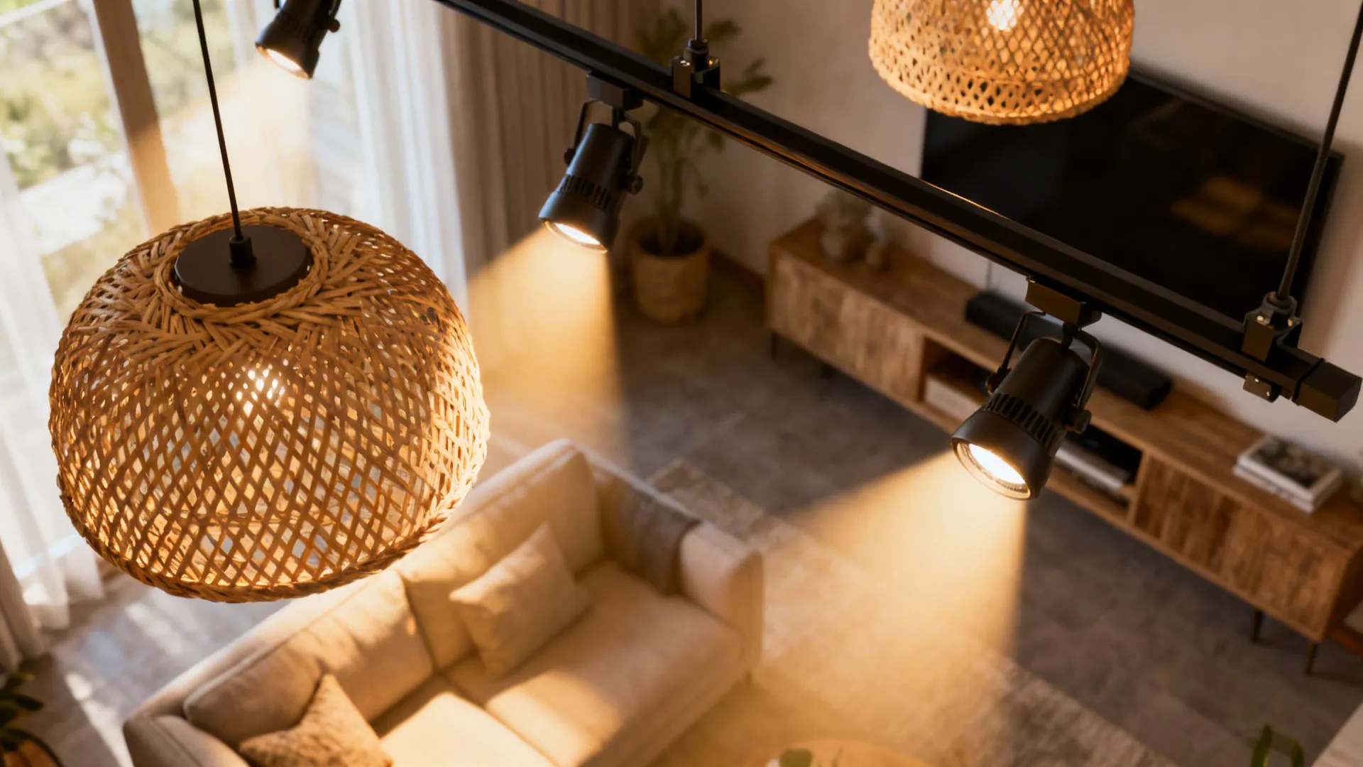 Track lighting with rattan shades creating layered, directional illumination in a living room.